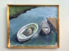 Mid-Century Modern Swedish "Rowing Boats" Vintage River Oil Painting, Framed