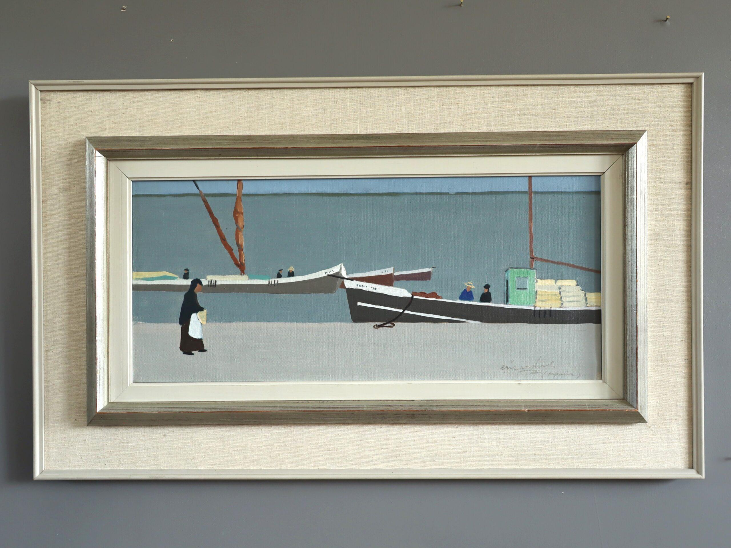 Mid Century Modern Swedish Seascape Oil Painting - Still Waters, Quiet Shore - Gray Landscape Painting by Unknown