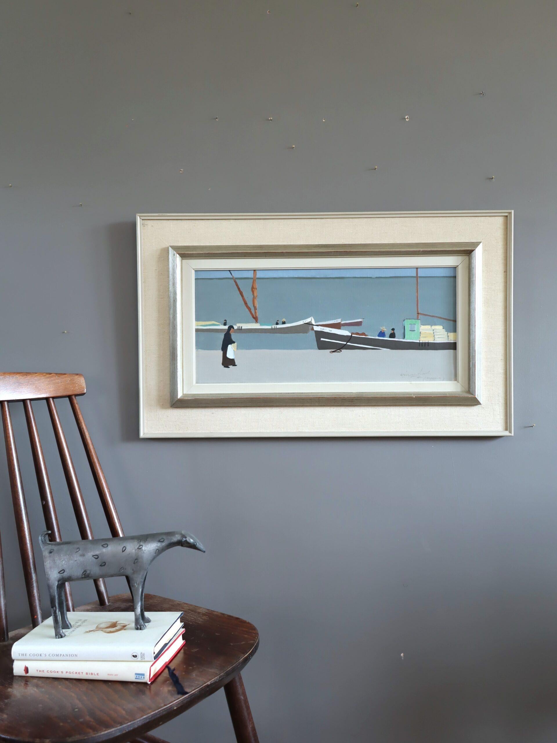STILL WATERS, QUIET SHORE
Size: 42 x 70 cm (including frame)
Oil on canvas

A mid-century modernist painting of a coastal scene that presents a serene moment along a quiet shoreline, executed painted in oil onto canvas.

In the foreground, a
