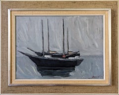 Vintage Mid-Century Modern Swedish Seascape Oil Painting - Two Boats at Sea, Framed