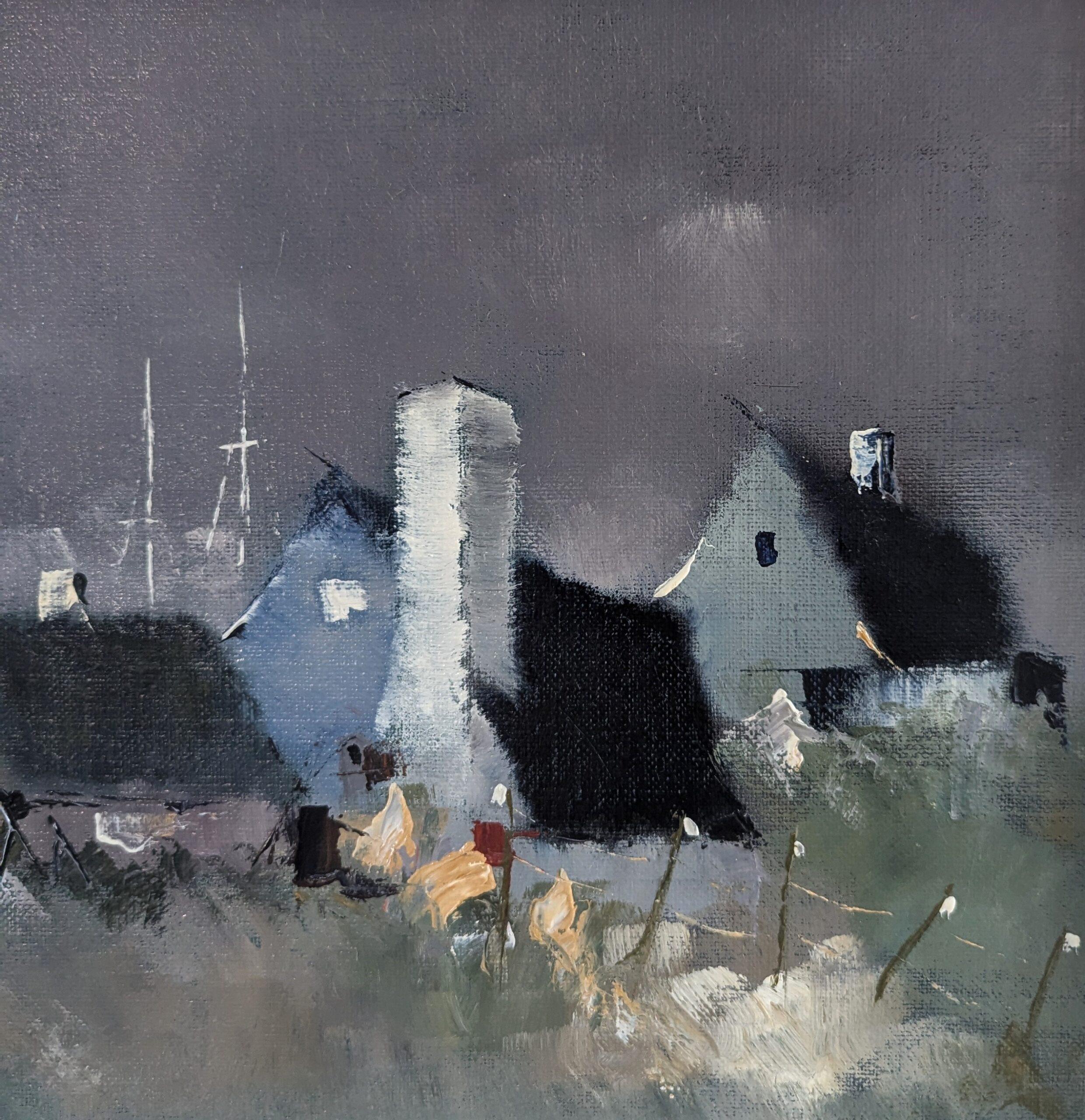 Pittura ad olio di paesaggio semi-astratto svedese del Mid Century Modern - As Dusk Sets in vendita 5