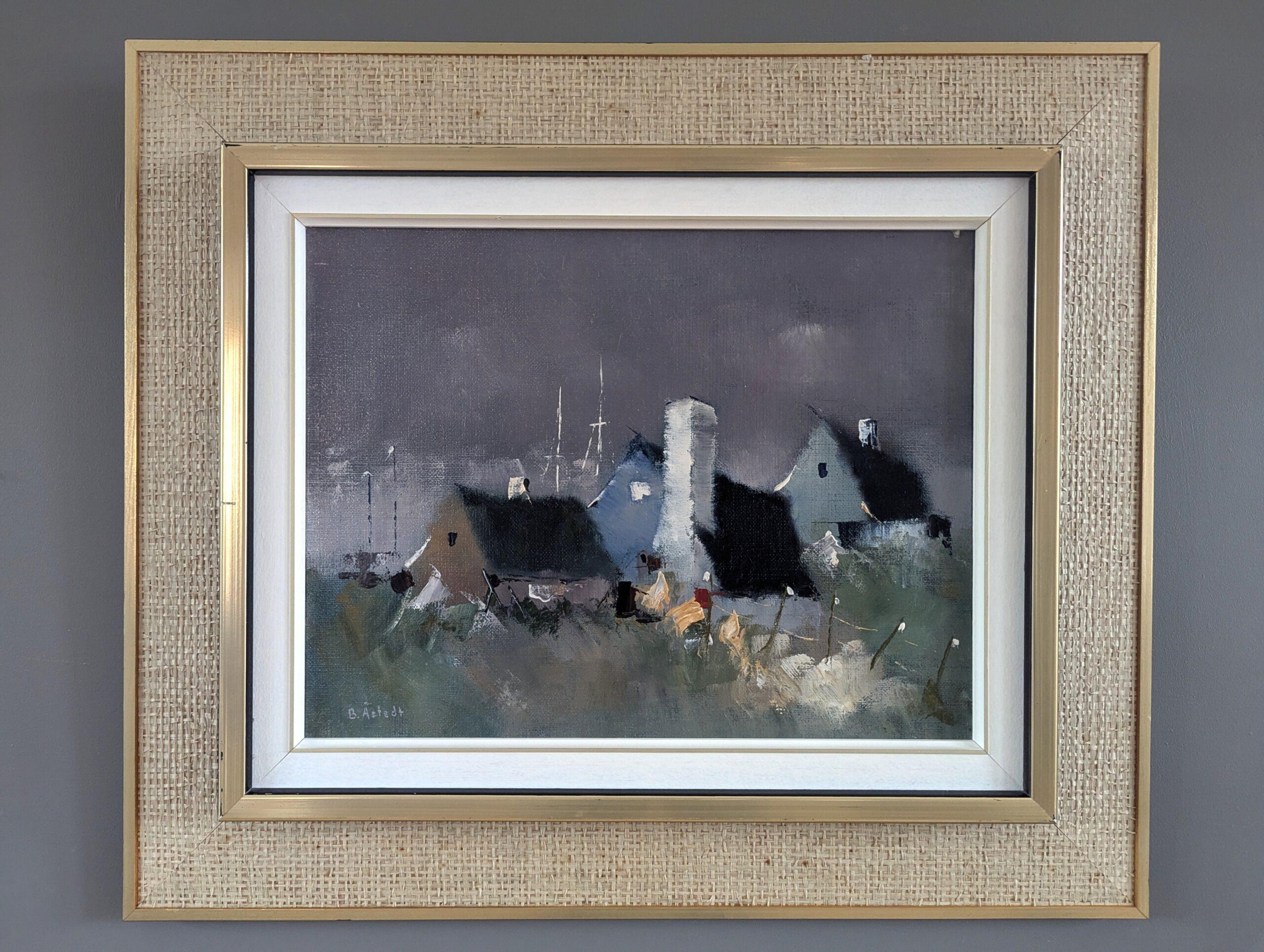 Pittura ad olio di paesaggio semi-astratto svedese del Mid Century Modern - As Dusk Sets - Painting di Unknown