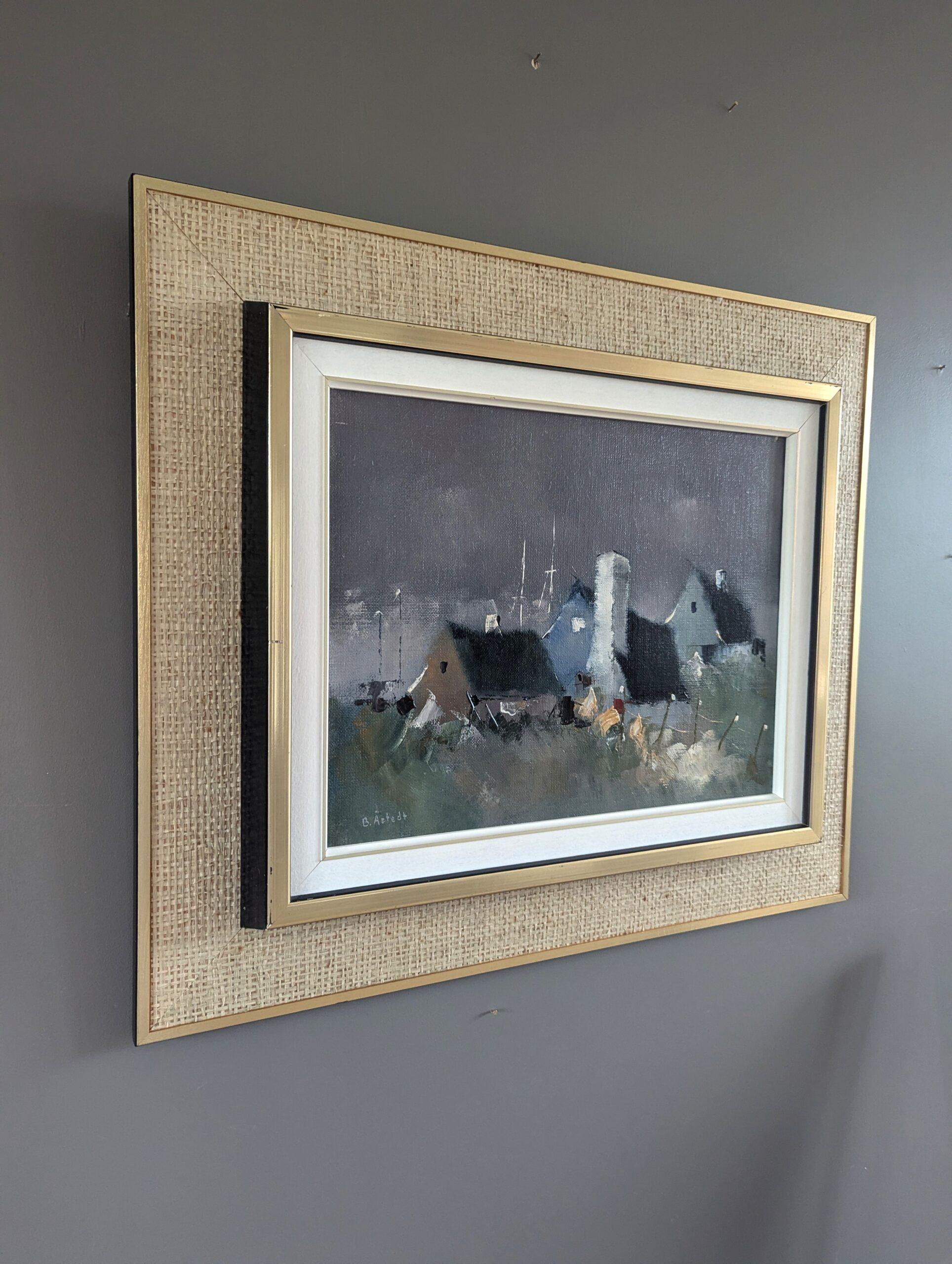 Pittura ad olio di paesaggio semi-astratto svedese del Mid Century Modern - As Dusk Sets - Landscape Painting Grigio di Unknown