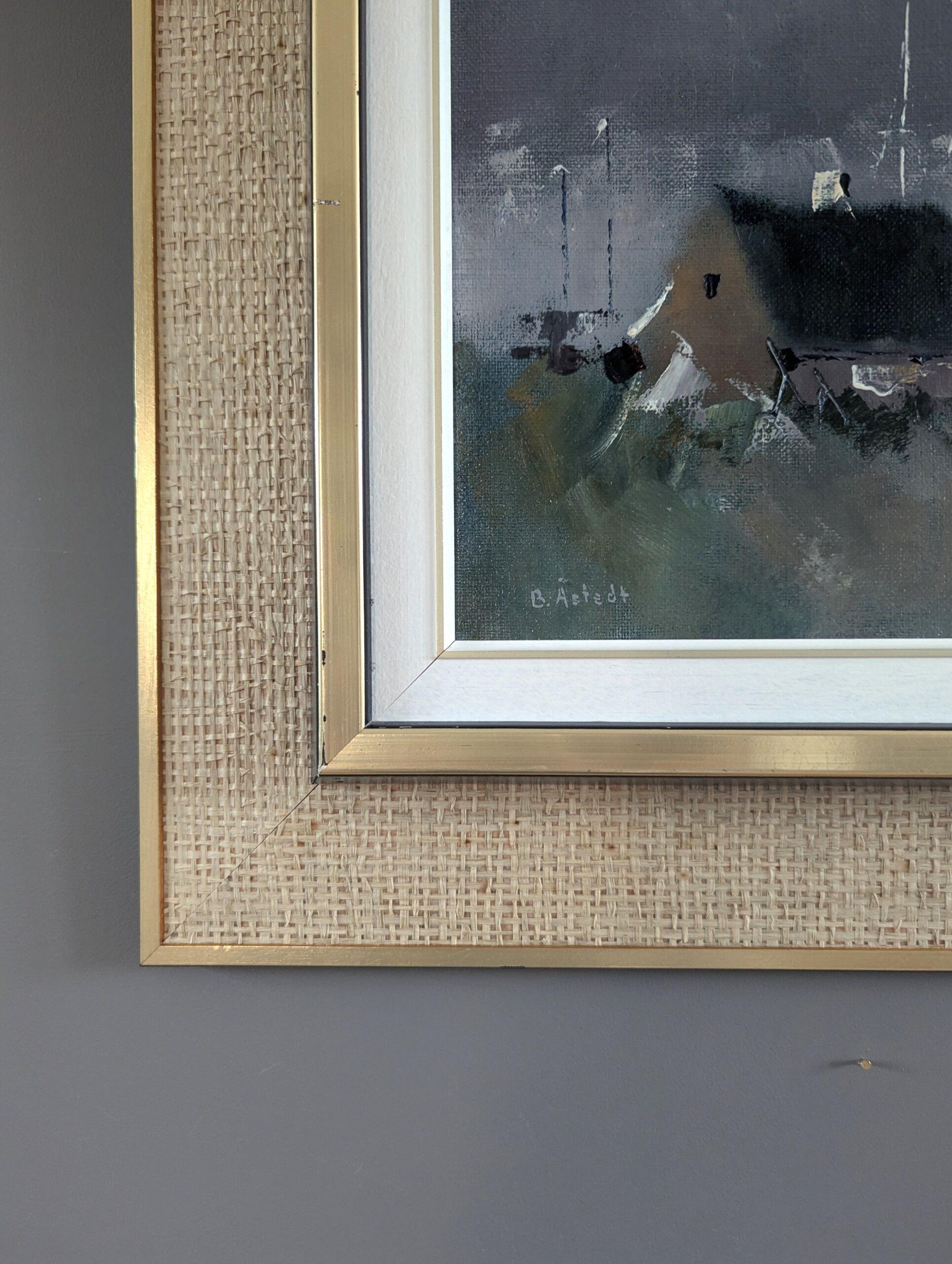 Pittura ad olio di paesaggio semi-astratto svedese del Mid Century Modern - As Dusk Sets in vendita 2