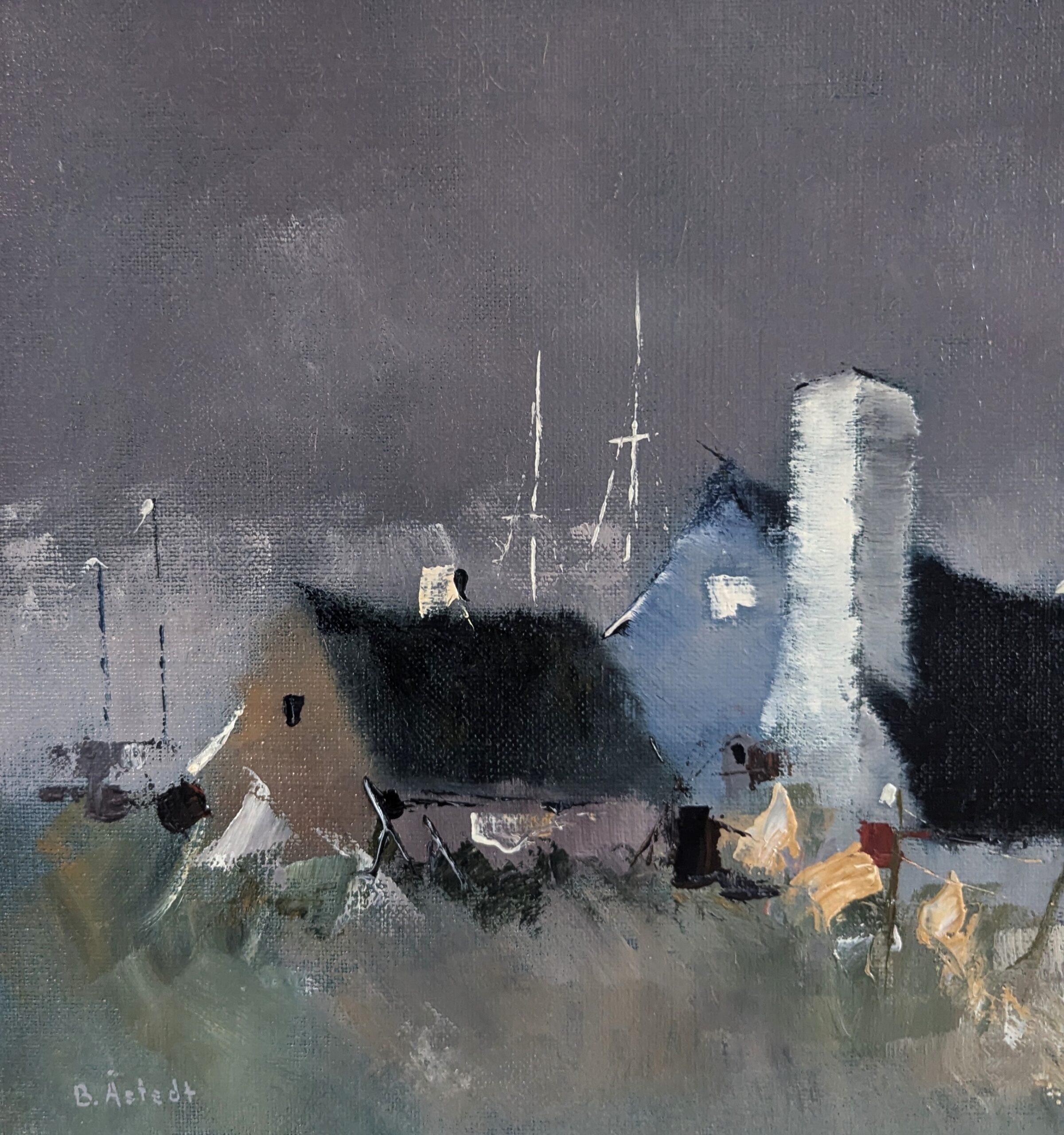 Pittura ad olio di paesaggio semi-astratto svedese del Mid Century Modern - As Dusk Sets in vendita 4