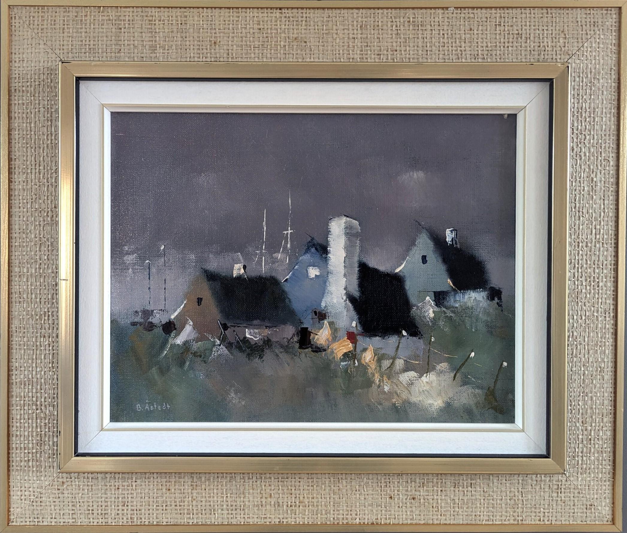 Landscape Painting di Unknown - Pittura ad olio di paesaggio semi-astratto svedese del Mid Century Modern - As Dusk Sets