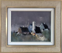 Pittura ad olio di paesaggio semi-astratto svedese del Mid Century Modern - As Dusk Sets