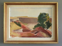 Mid Century Modern Swedish Semi-Abstract Landscape Oil Painting - Canyon Edge