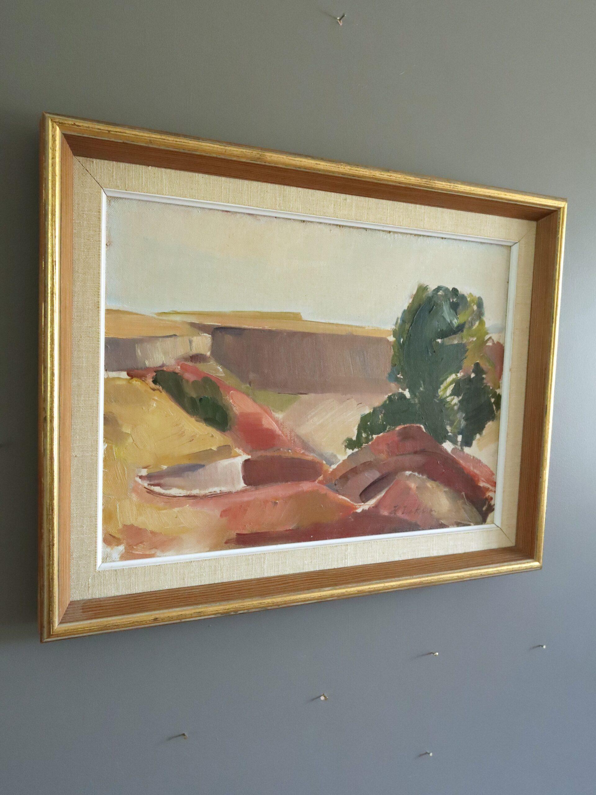 CANYON EDGE
Size: 36 x 46.5 cm (including frame)
Oil on board

A striking mid-century modernist landscape rendered in a semi-abstract style, that captures the sculptural quality of the natural terrain through bold, expressive brushwork and a refined