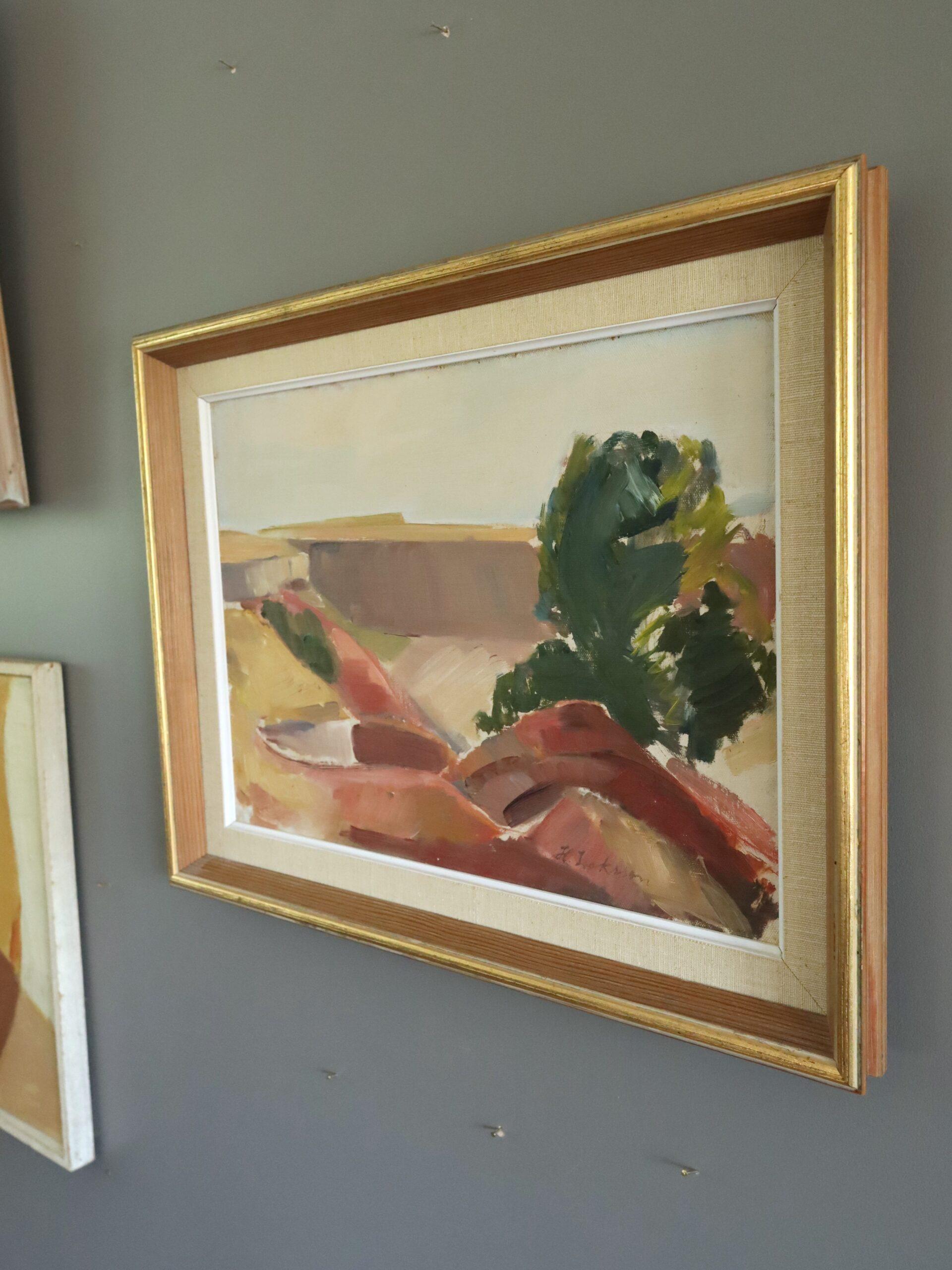 Mid Century Modern Swedish Semi-Abstract Landscape Oil Painting - Canyon Edge For Sale 1