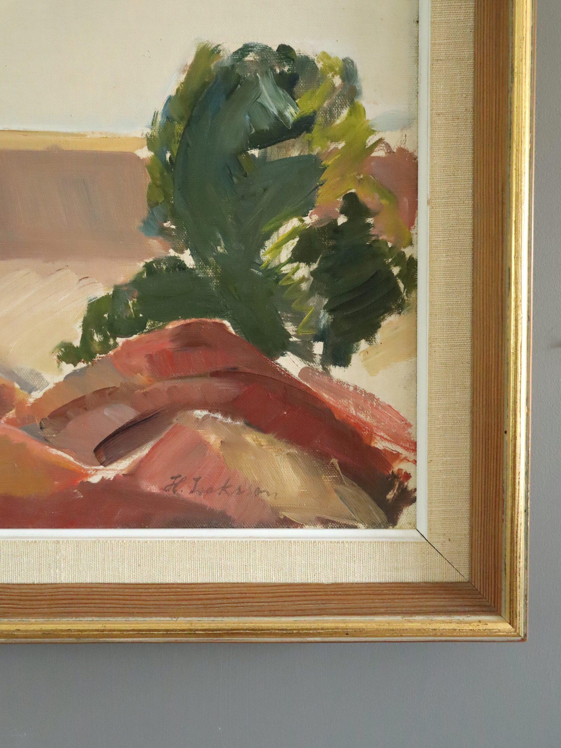 Mid Century Modern Swedish Semi-Abstract Landscape Oil Painting - Canyon Edge For Sale 4