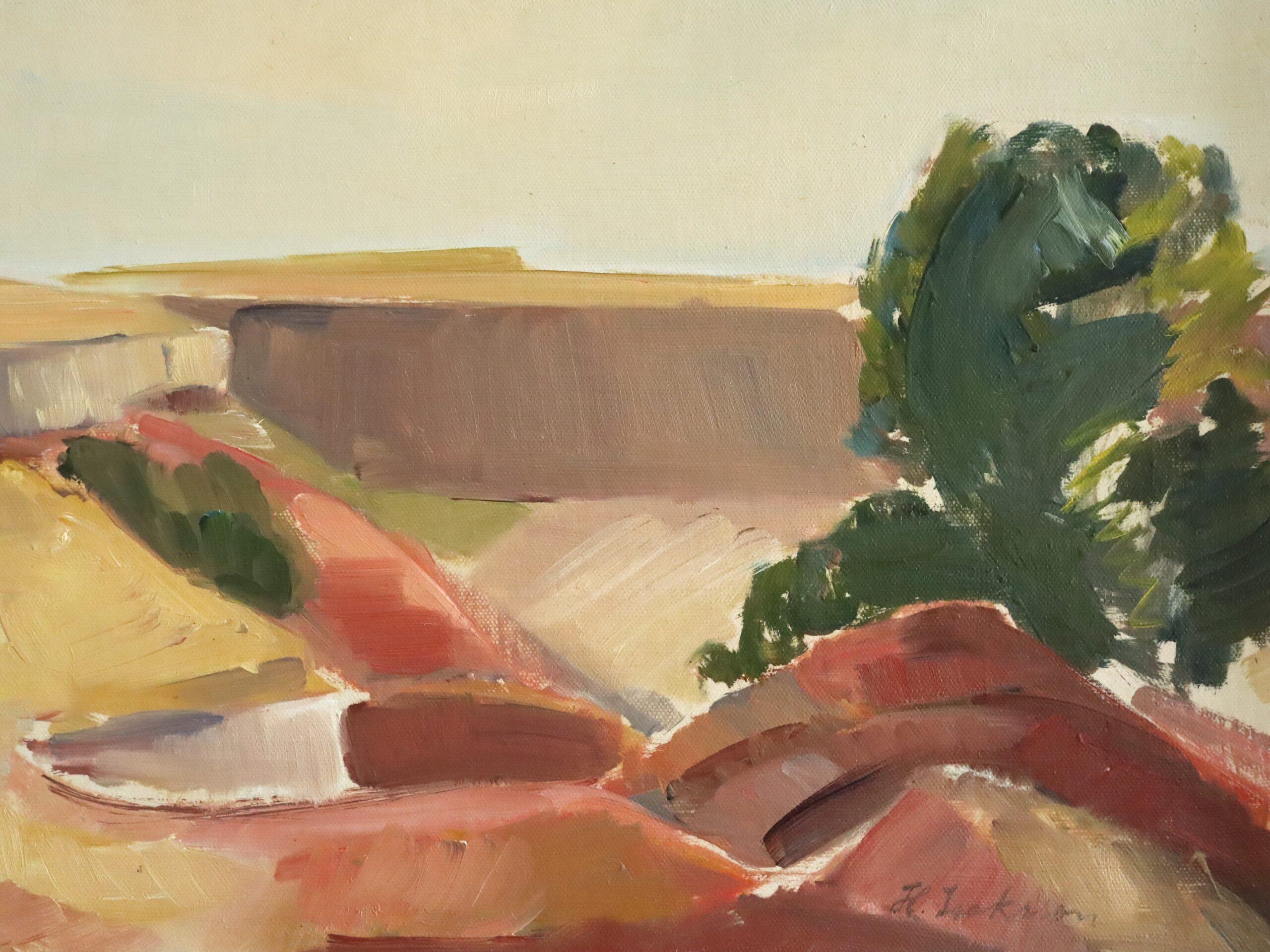 Mid Century Modern Swedish Semi-Abstract Landscape Oil Painting - Canyon Edge For Sale 5