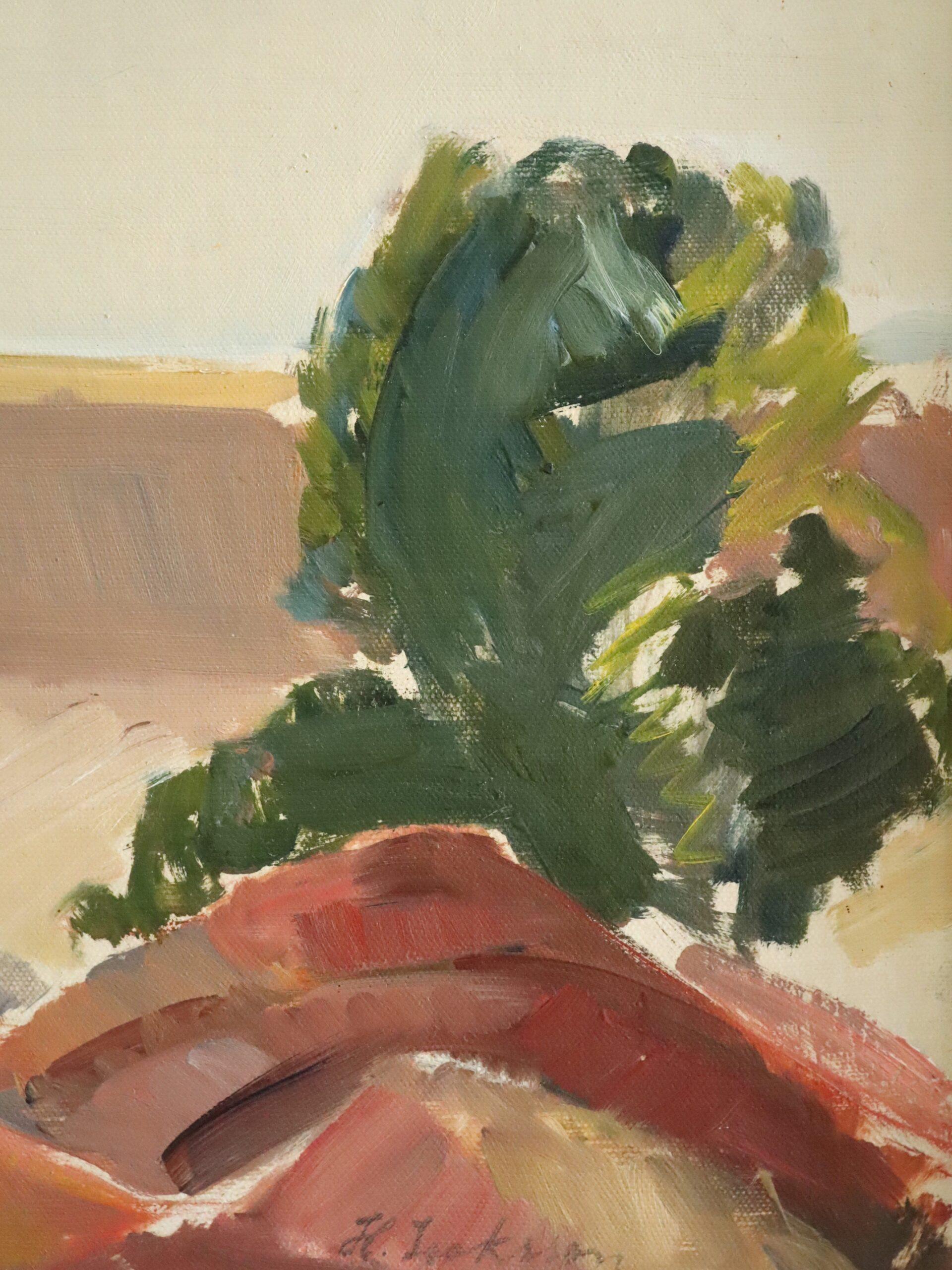 Mid Century Modern Swedish Semi-Abstract Landscape Oil Painting - Canyon Edge For Sale 6