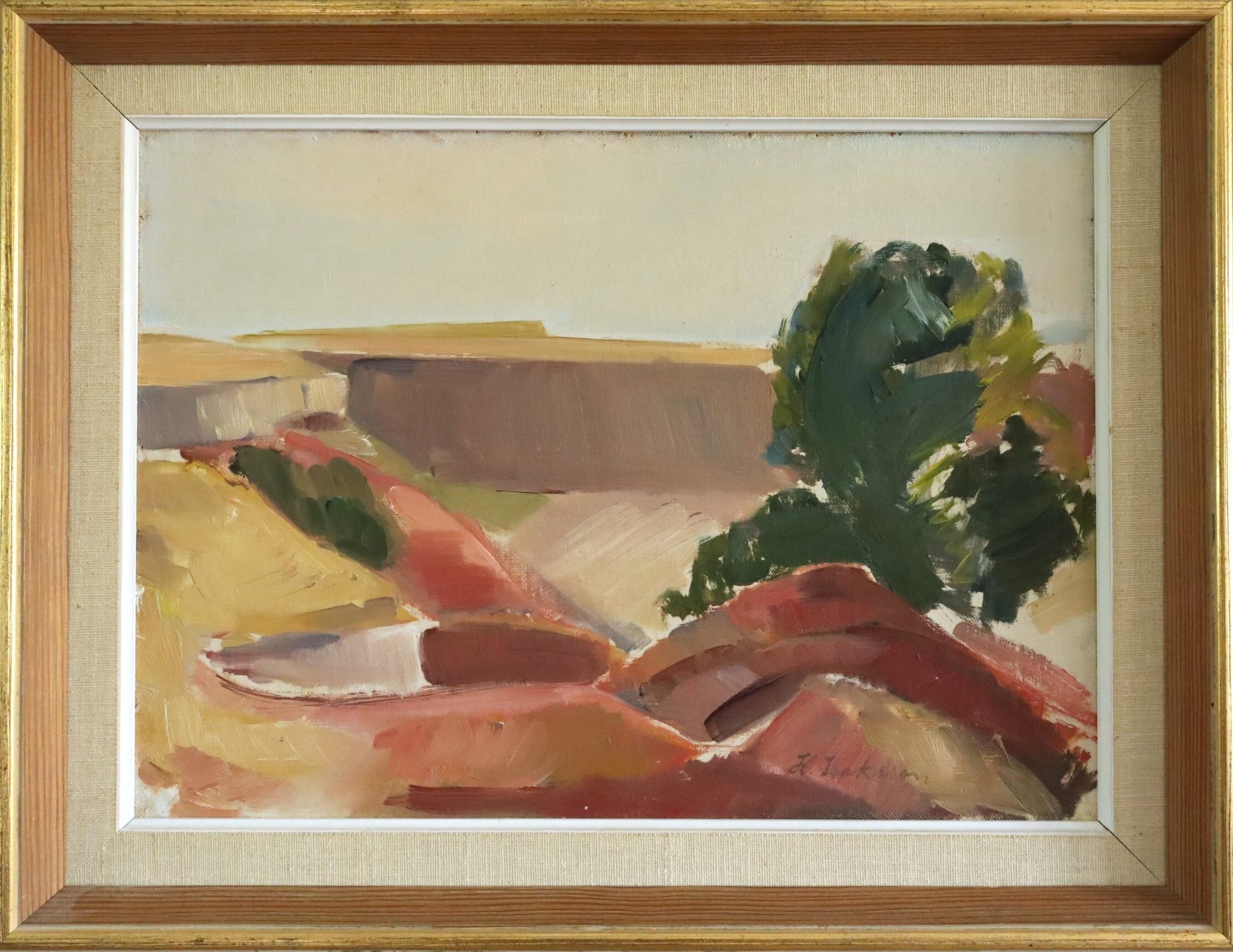 Unknown Landscape Painting - Mid Century Modern Swedish Semi-Abstract Landscape Oil Painting - Canyon Edge