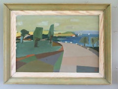 Mid Century Modern Swedish Semi-Abstract Landscape Oil Painting - Coastal Curve