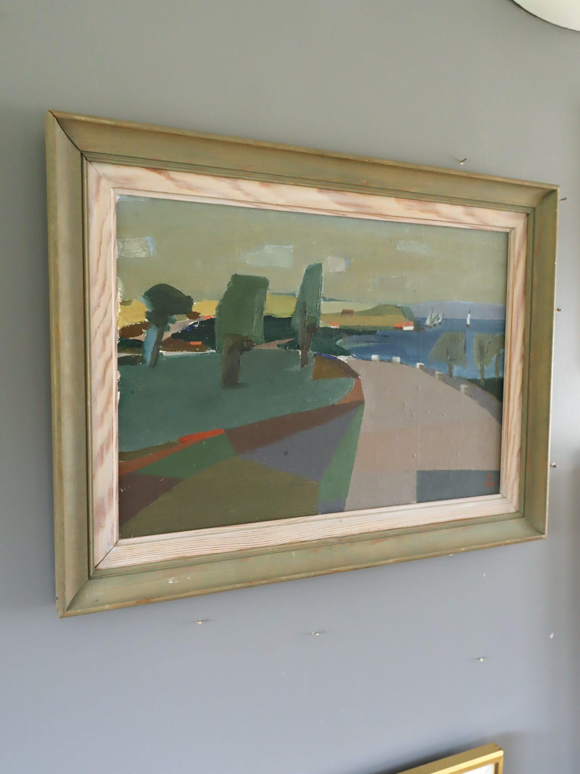 Schwedische halb-abstrakte Landschaft, Ölgemälde, Mid-Century Modern, Modern (Grau), Landscape Painting, von Unknown