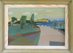 Pintura al óleo de paisaje semiabstracto sueco moderno de mediados de siglo - Curva costera