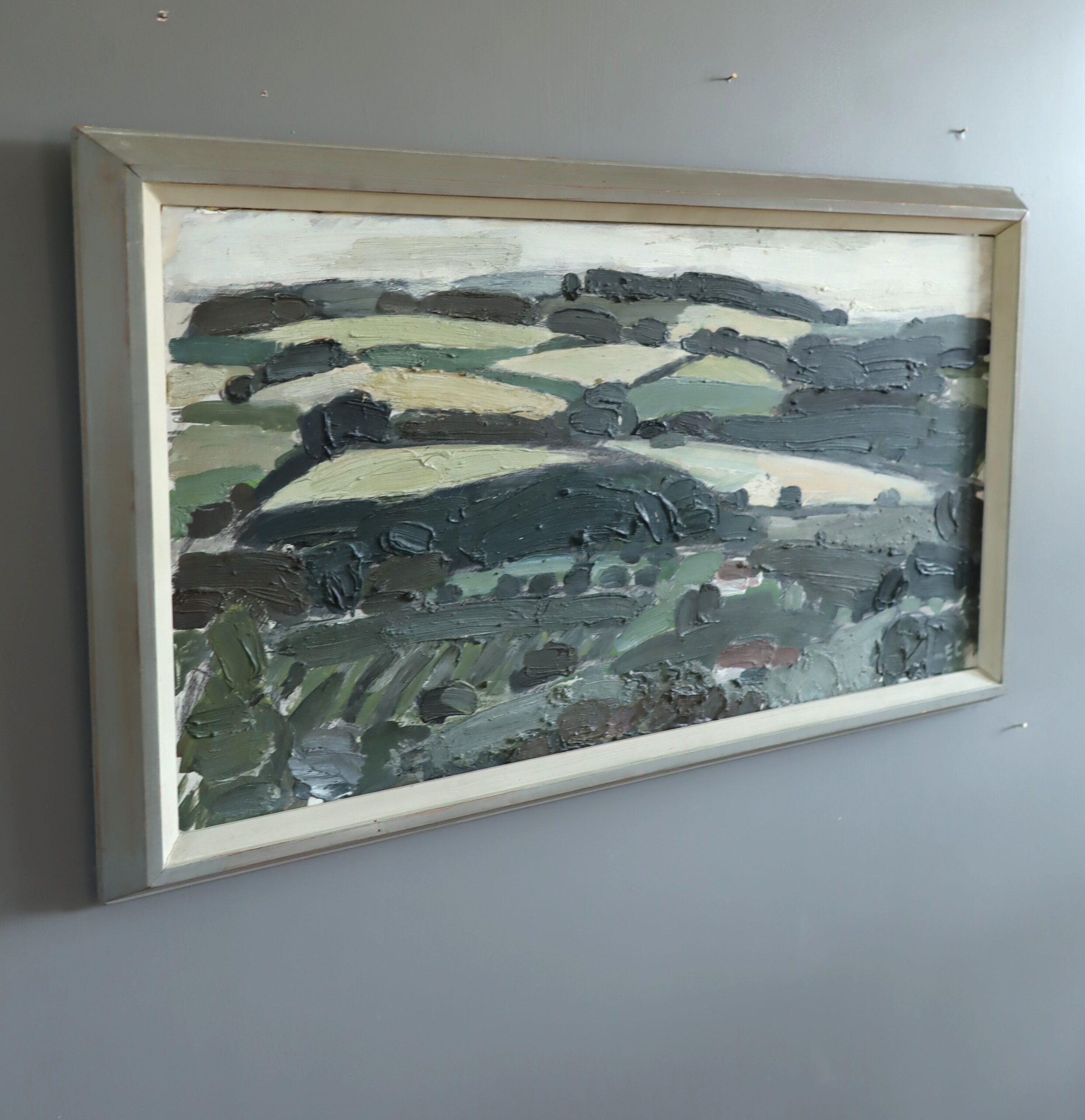 Peinture à l'huile de paysage semi-abstrait suédois du milieu du siècle dernier - Rolle Green - Gris Landscape Painting par Unknown