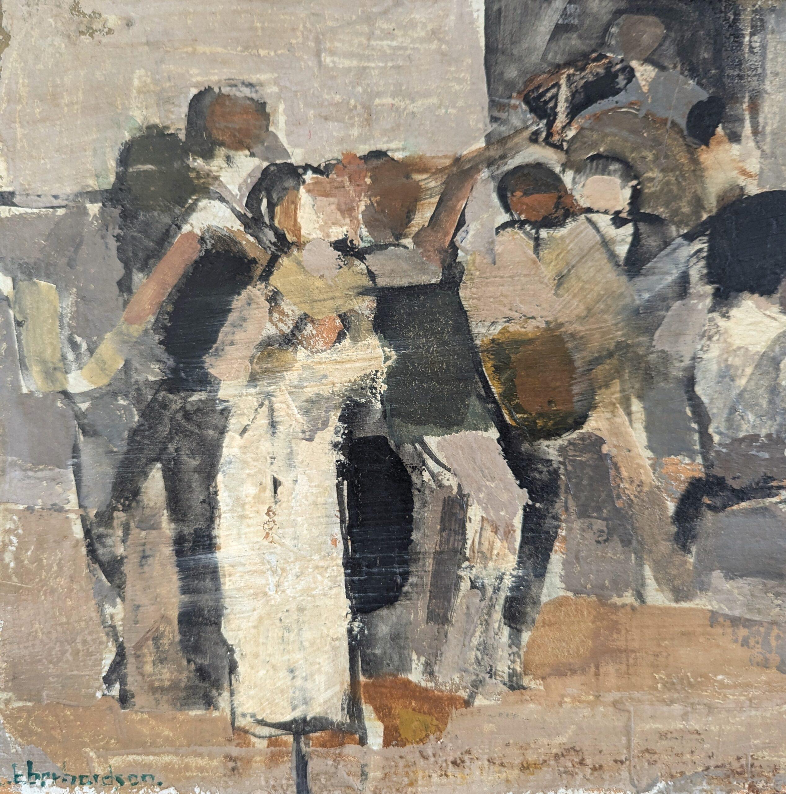 Pintura al óleo semiabstracta sueca moderna de mediados de siglo - Reunidos junto al piano en venta 6