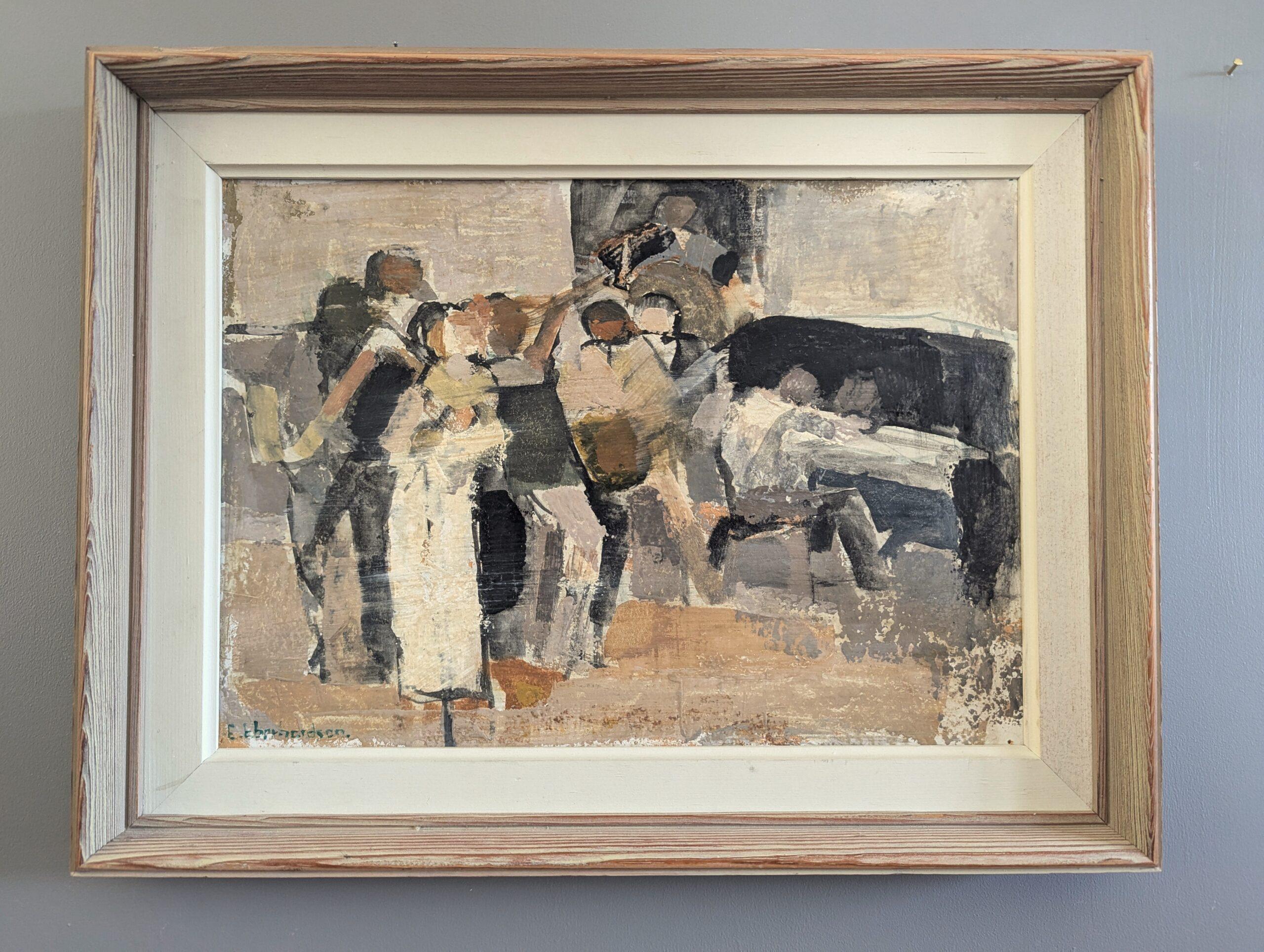 Pintura al óleo semiabstracta sueca moderna de mediados de siglo - Reunidos junto al piano - Painting de Unknown