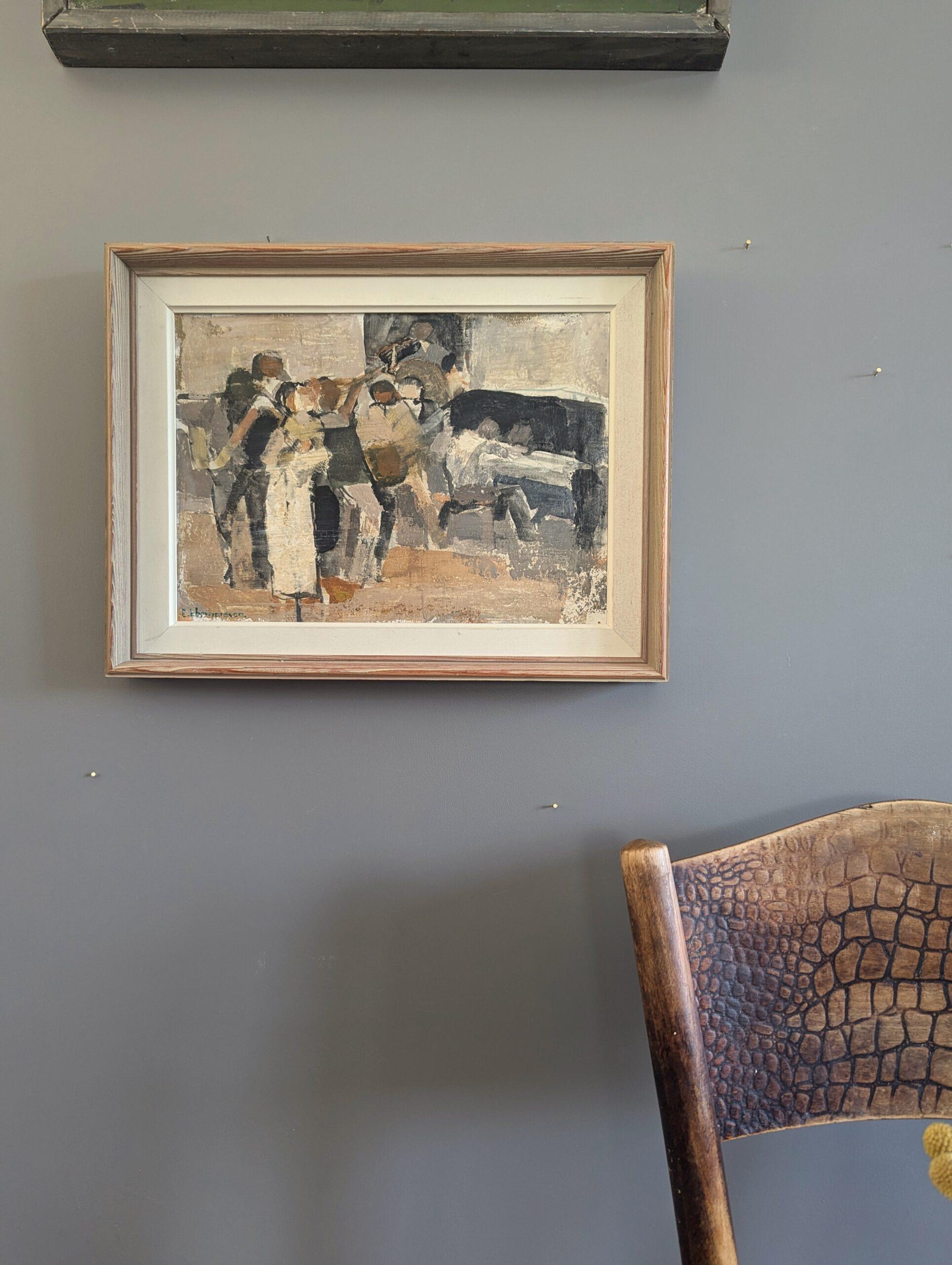 REUNIDOS JUNTO AL PIANO
Tamaño: 32 x 41 cm (incluido el marco)
Óleo sobre tabla

Una íntima y animada composición semiabstracta de mediados de siglo que capta una dinámica escena de grupo, pintada al óleo sobre tabla.

La escena parece representar