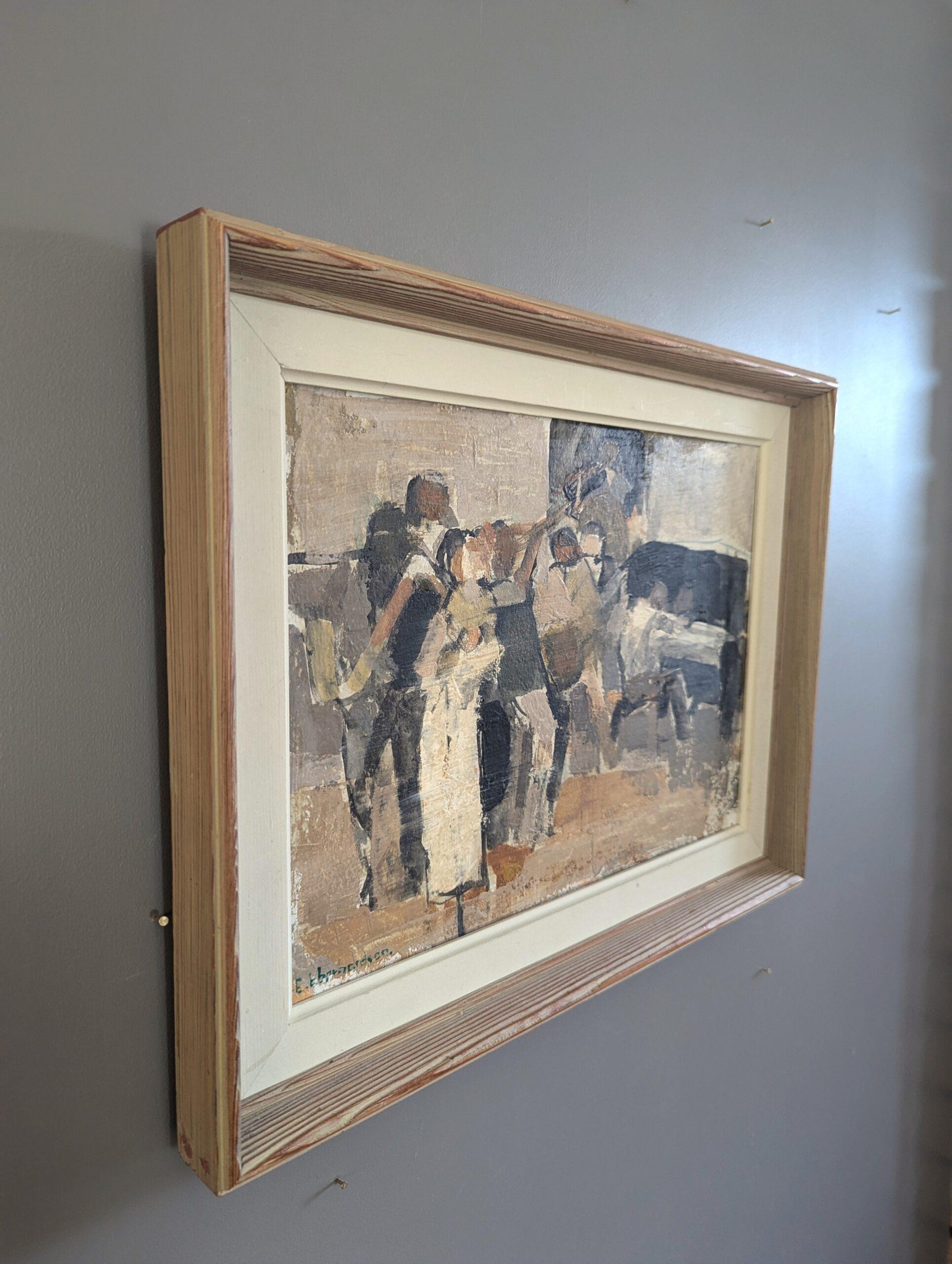 Pintura al óleo semiabstracta sueca moderna de mediados de siglo - Reunidos junto al piano en venta 1