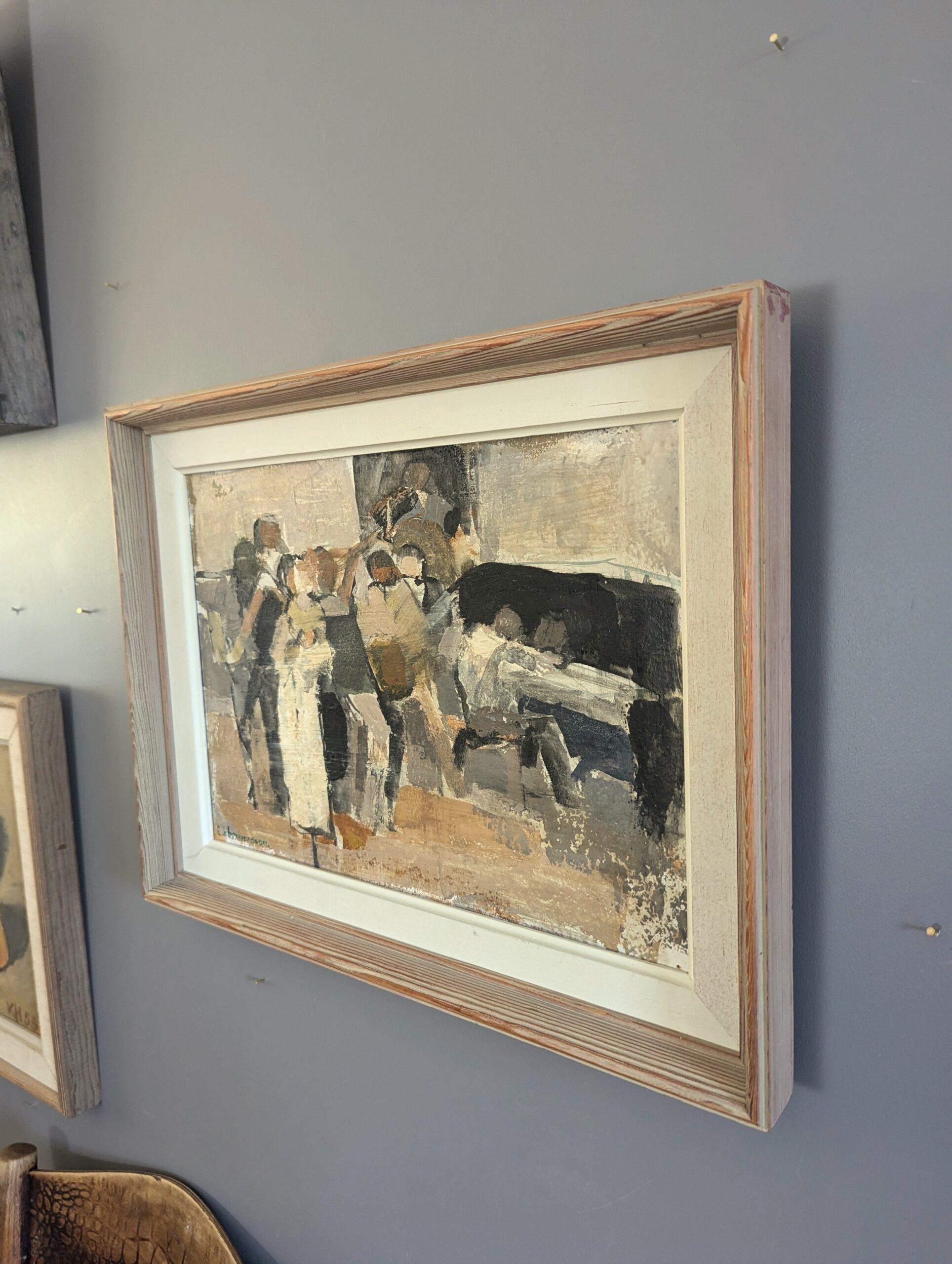 Pintura al óleo semiabstracta sueca moderna de mediados de siglo - Reunidos junto al piano en venta 2