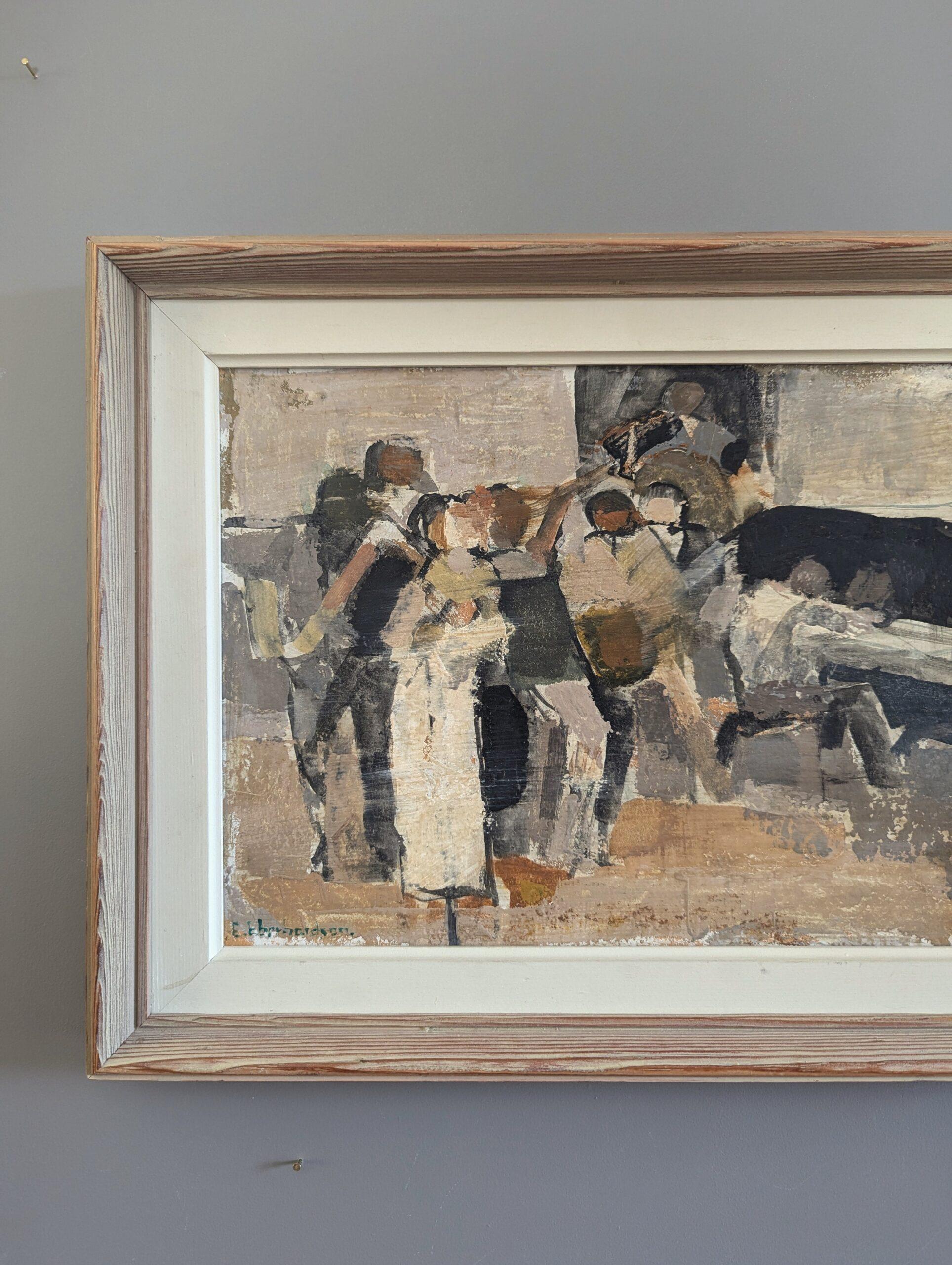 Pintura al óleo semiabstracta sueca moderna de mediados de siglo - Reunidos junto al piano en venta 3