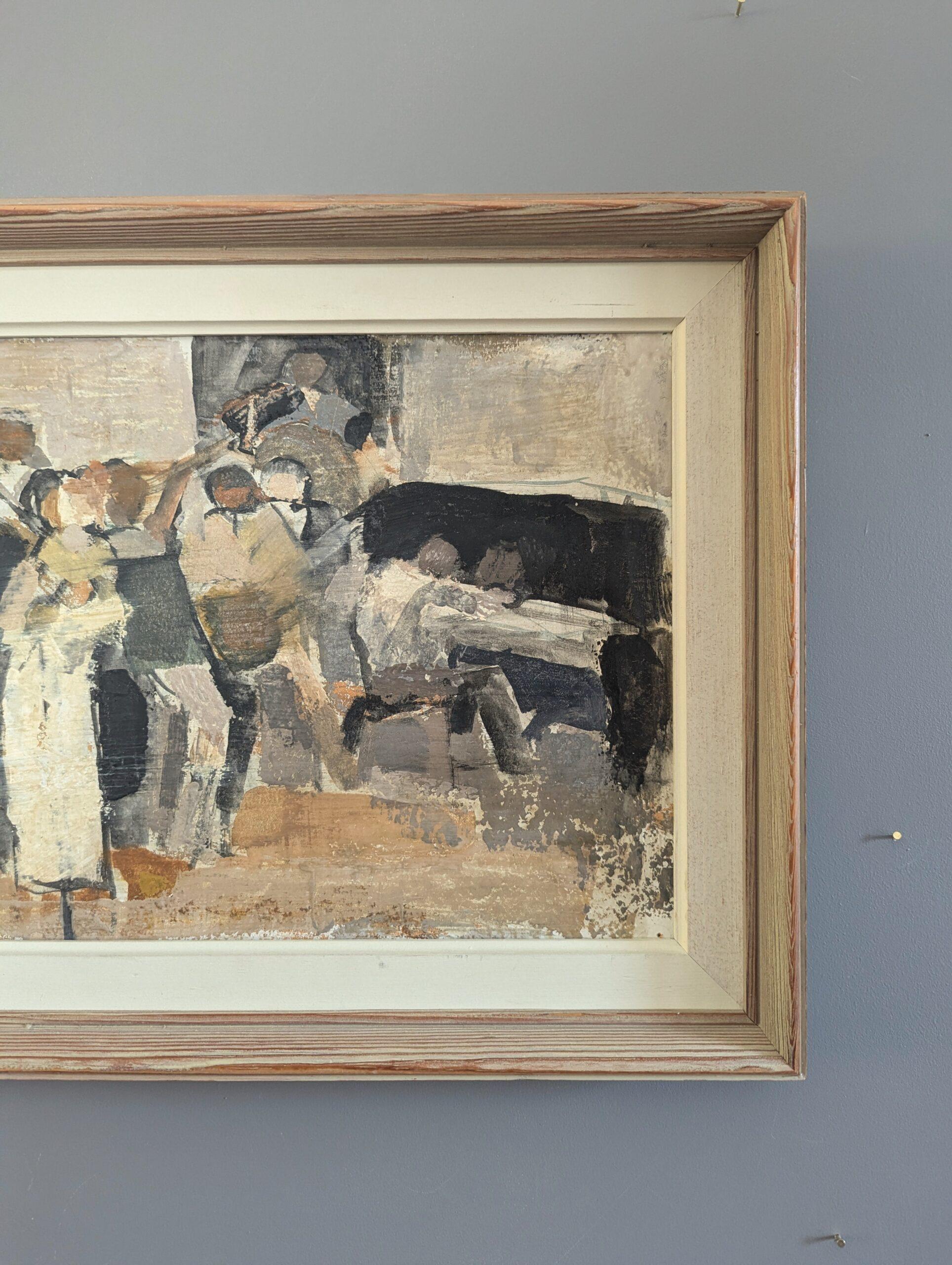 Pintura al óleo semiabstracta sueca moderna de mediados de siglo - Reunidos junto al piano en venta 4