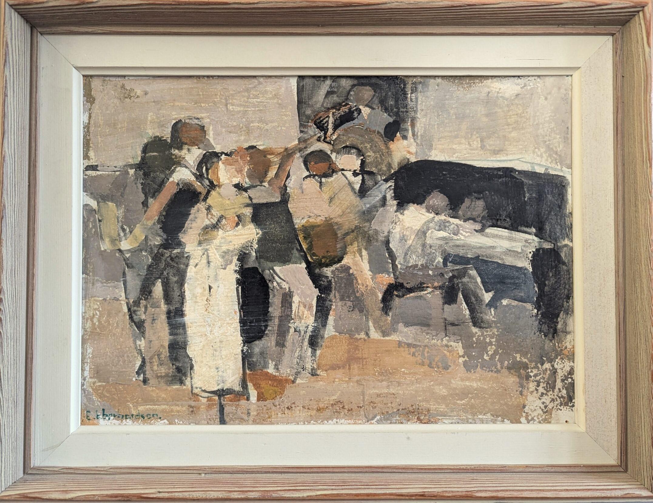 Pintura al óleo semiabstracta sueca moderna de mediados de siglo - Reunidos junto al piano