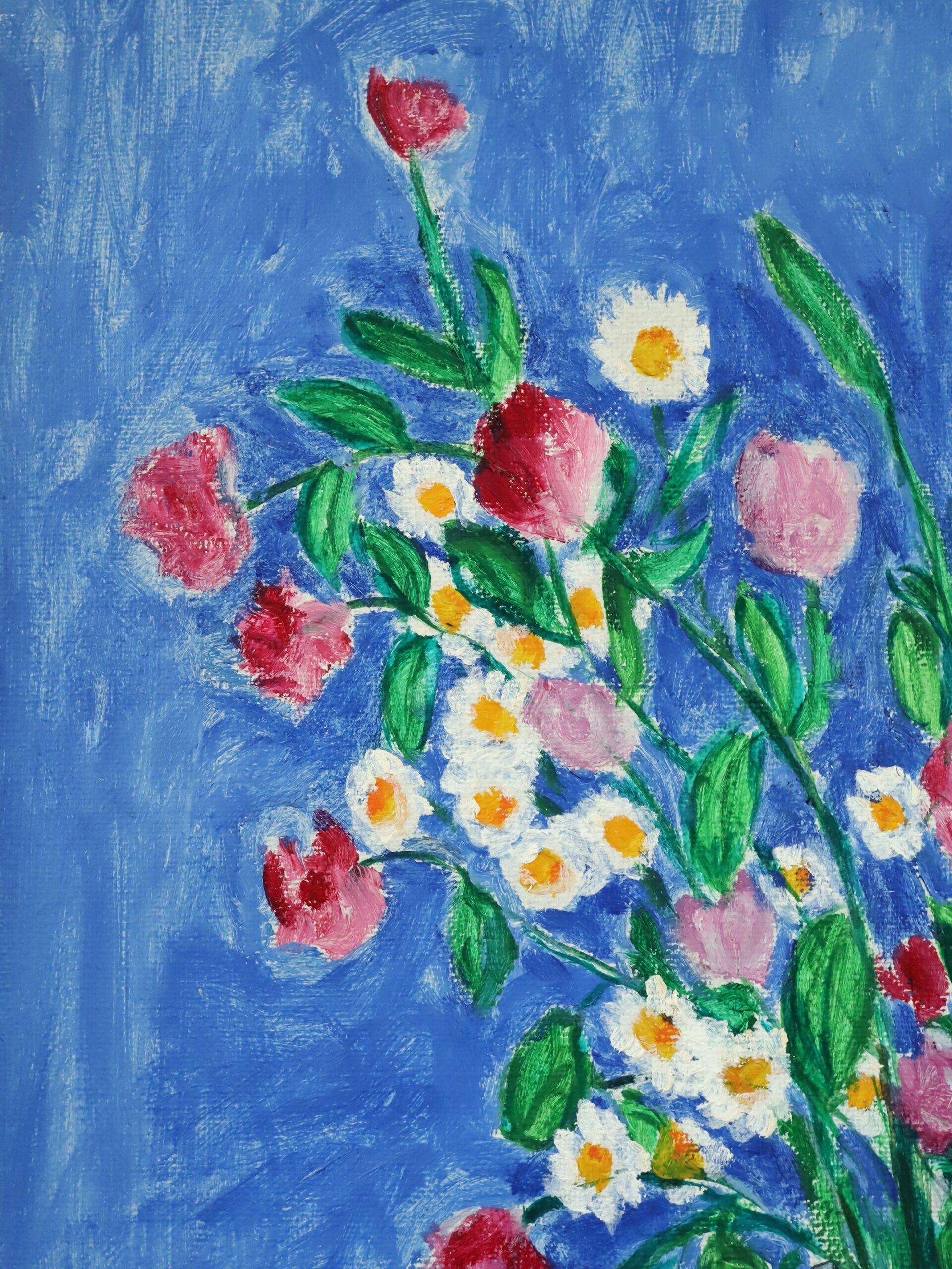 Mid Century Modernes Schwedisches Stillleben Ölgemälde - Blumenstrauß an einem blauen Nachmittag im Angebot 6