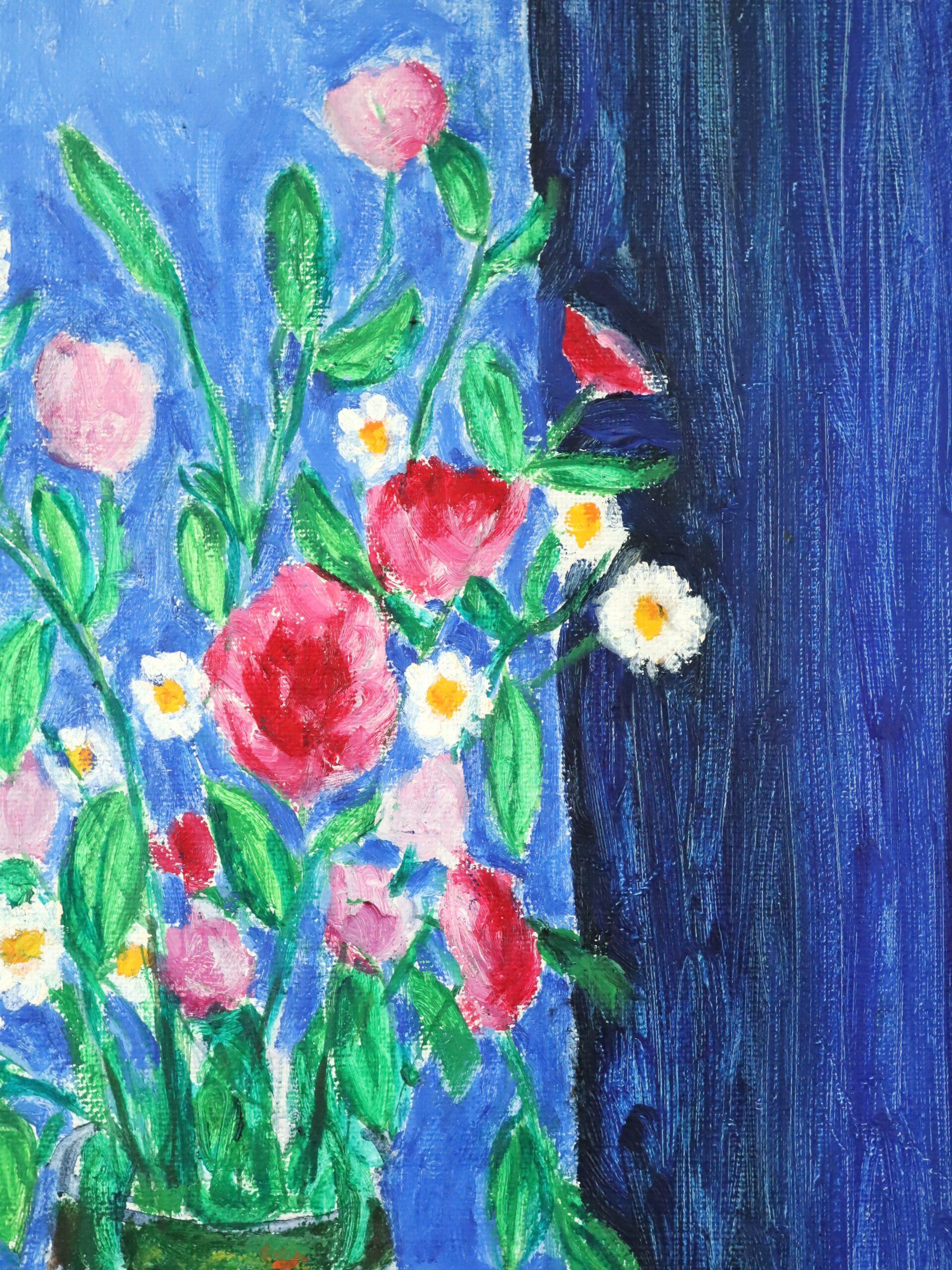 Mid Century Modernes Schwedisches Stillleben Ölgemälde - Blumenstrauß an einem blauen Nachmittag im Angebot 7