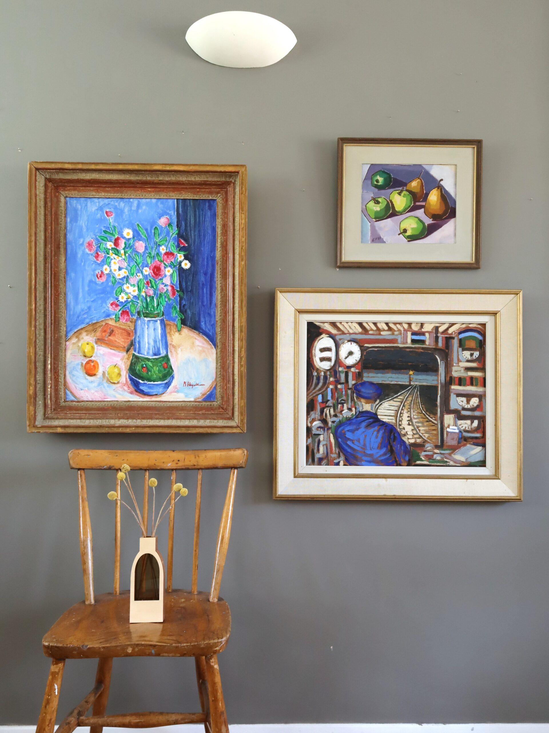 Mid Century Modernes Schwedisches Stillleben Ölgemälde - Blumenstrauß an einem blauen Nachmittag im Angebot 10