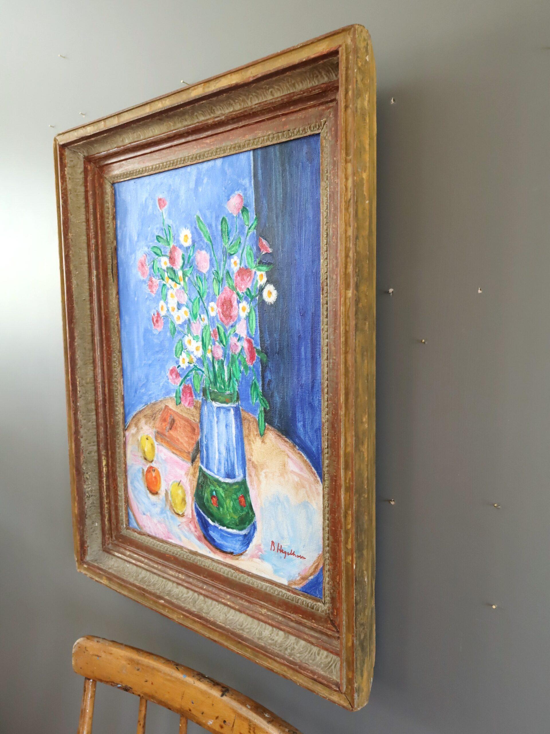 Mid Century Modernes Schwedisches Stillleben Ölgemälde - Blumenstrauß an einem blauen Nachmittag im Angebot 1