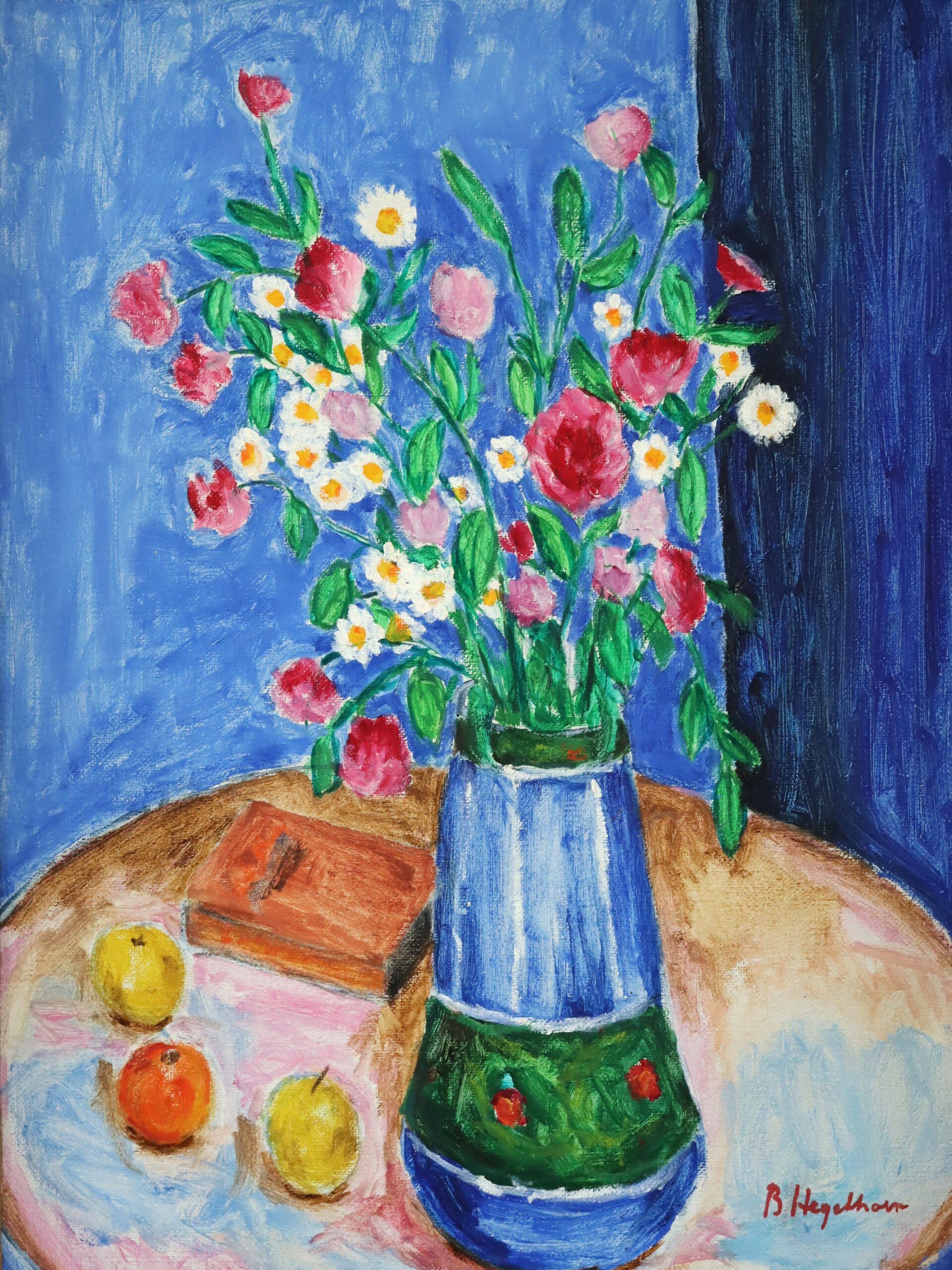 Mid Century Modernes Schwedisches Stillleben Ölgemälde - Blumenstrauß an einem blauen Nachmittag im Angebot 4