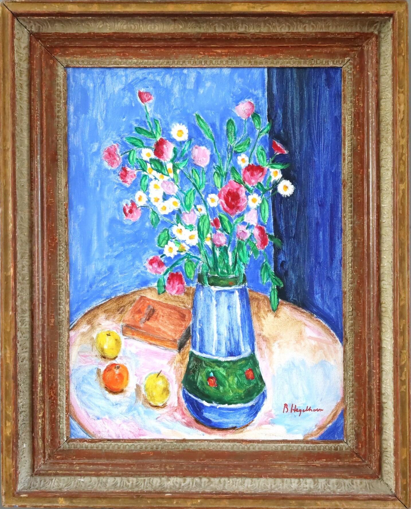 Unknown Still-Life Painting – Mid Century Modernes Schwedisches Stillleben Ölgemälde - Blumenstrauß an einem blauen Nachmittag