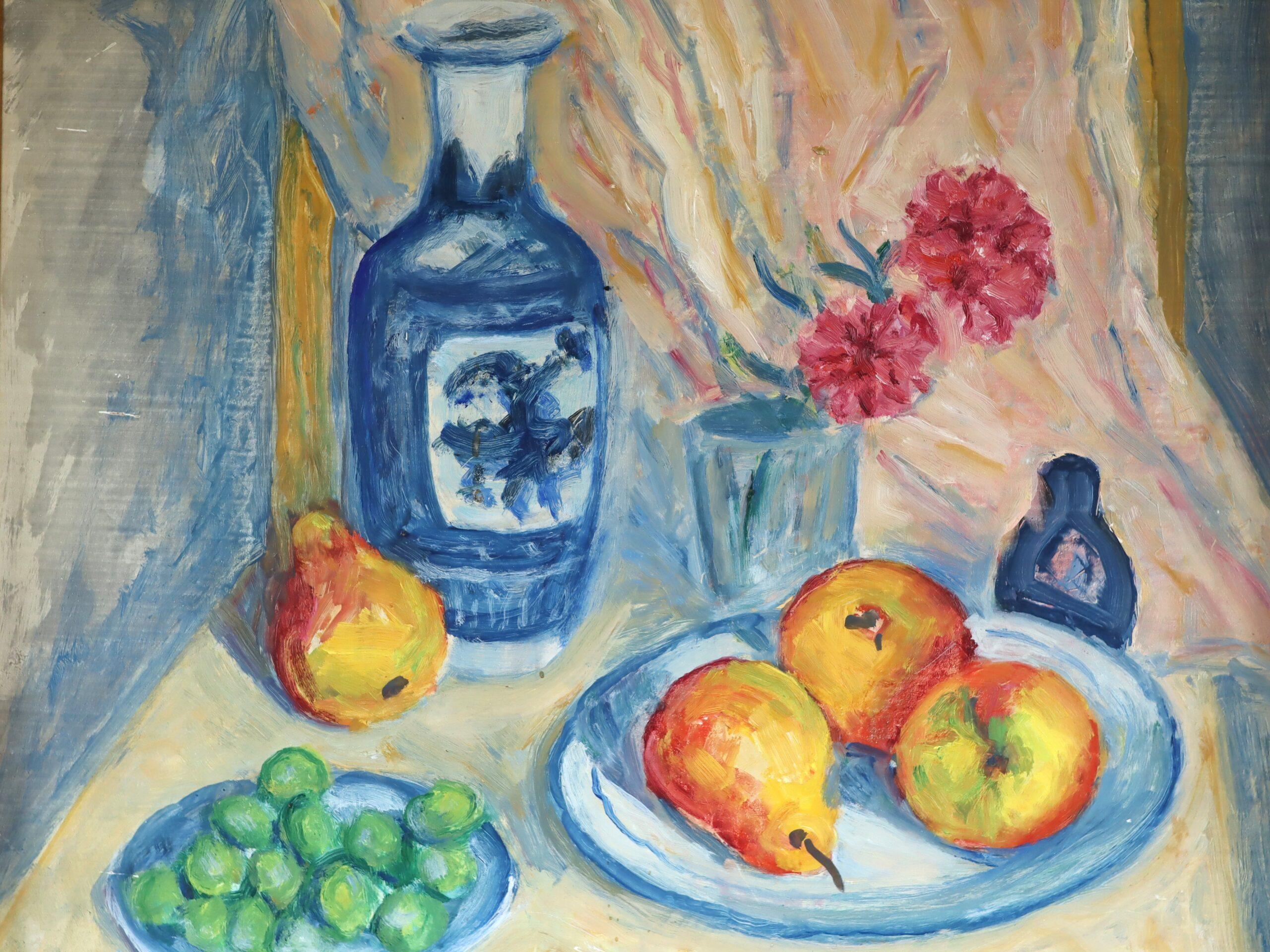 Nature morte suédoise du milieu du siècle dernier - Fruits et vase sur une table en vente 5