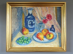 Mid Century Modern Swedish Still Life Oil Painting - Fruit & Vase on a Table