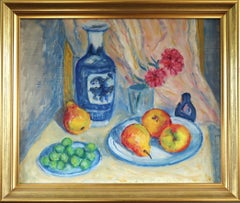 Mid Century Modernes Schwedisches Stillleben Ölgemälde - Obst & Vase auf einem Tisch