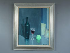 Mid Century Modern Swedish Still Life Oil Painting - Green Apple with Glasses