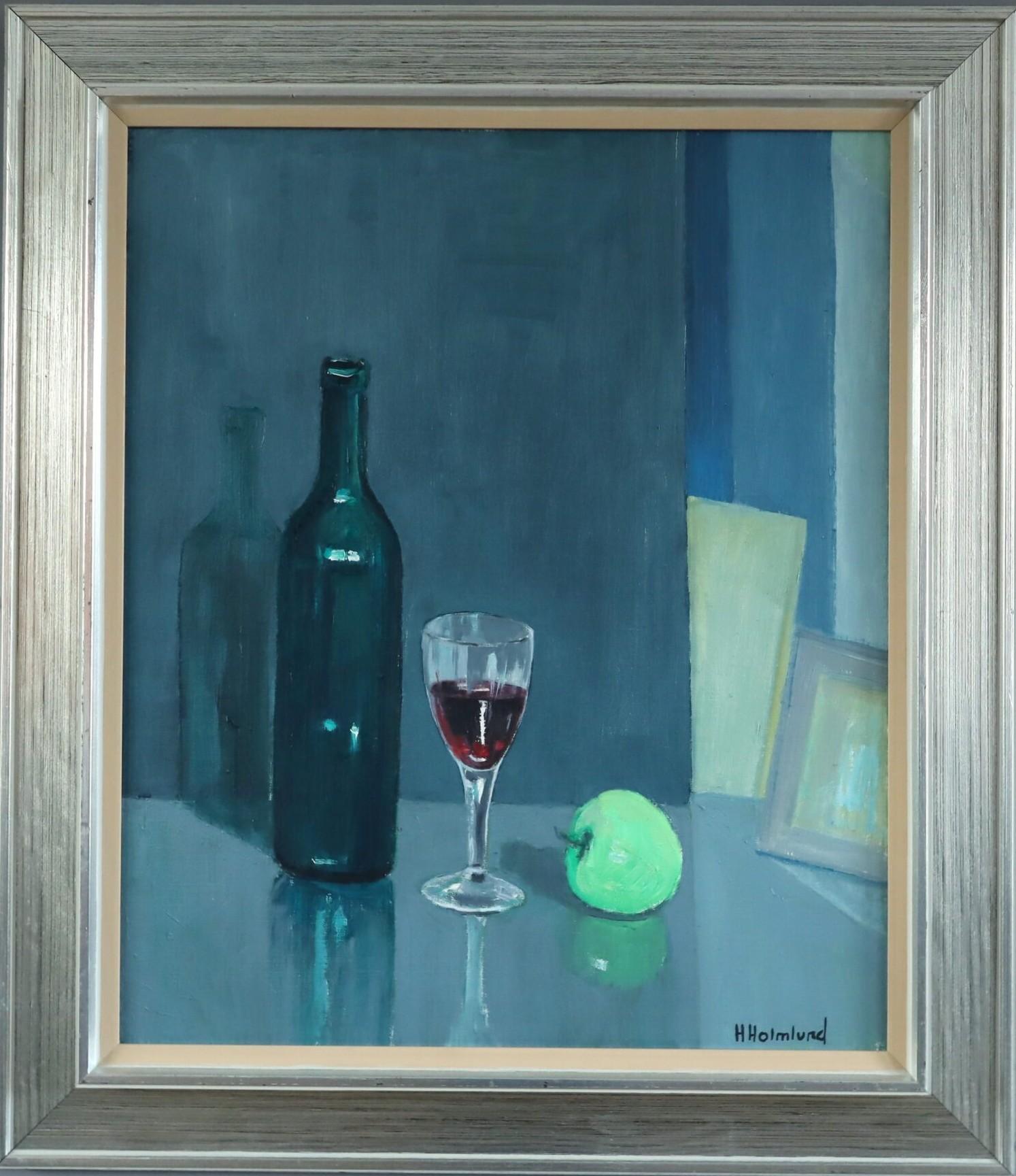 Mid Century Modern Swedish Still Life Oil Painting - Green Apple with Glasses