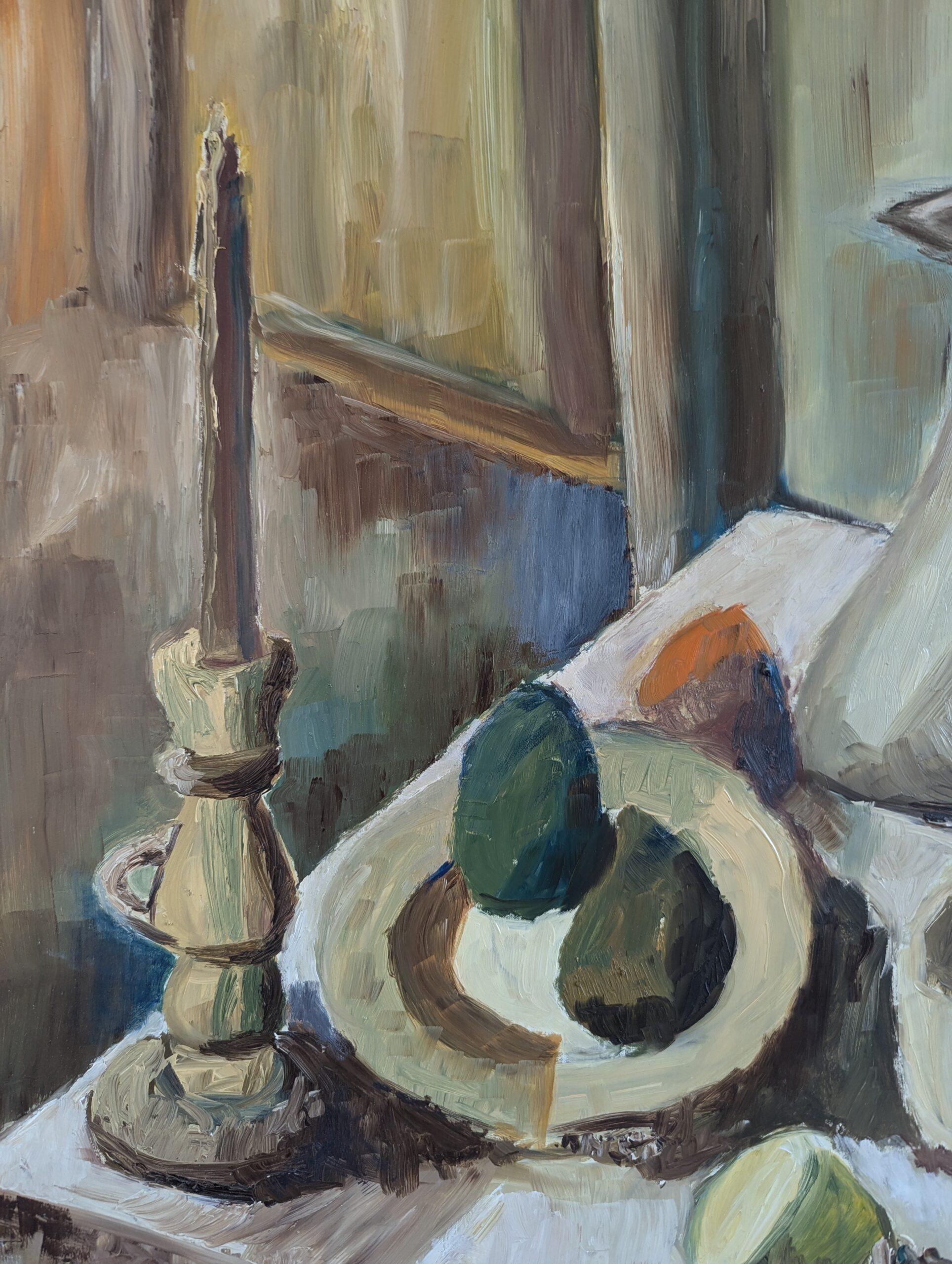Pittura ad olio su natura morta svedese della metà del secolo scorso - Brocca e candeliere in vendita 5