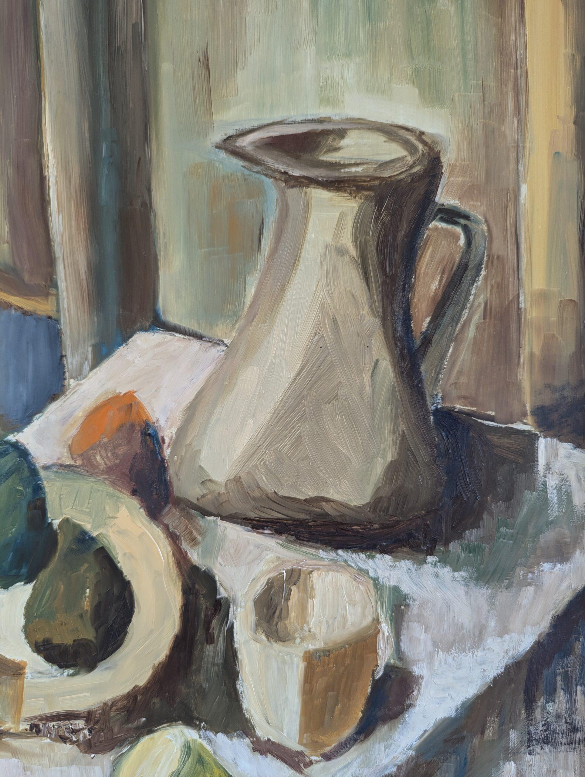 Pittura ad olio su natura morta svedese della metà del secolo scorso - Brocca e candeliere in vendita 4