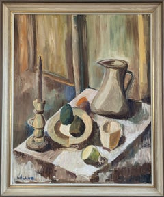 Mid-Century Modern Swedish Still Life Oil Painting - Pitcher & Candlestick