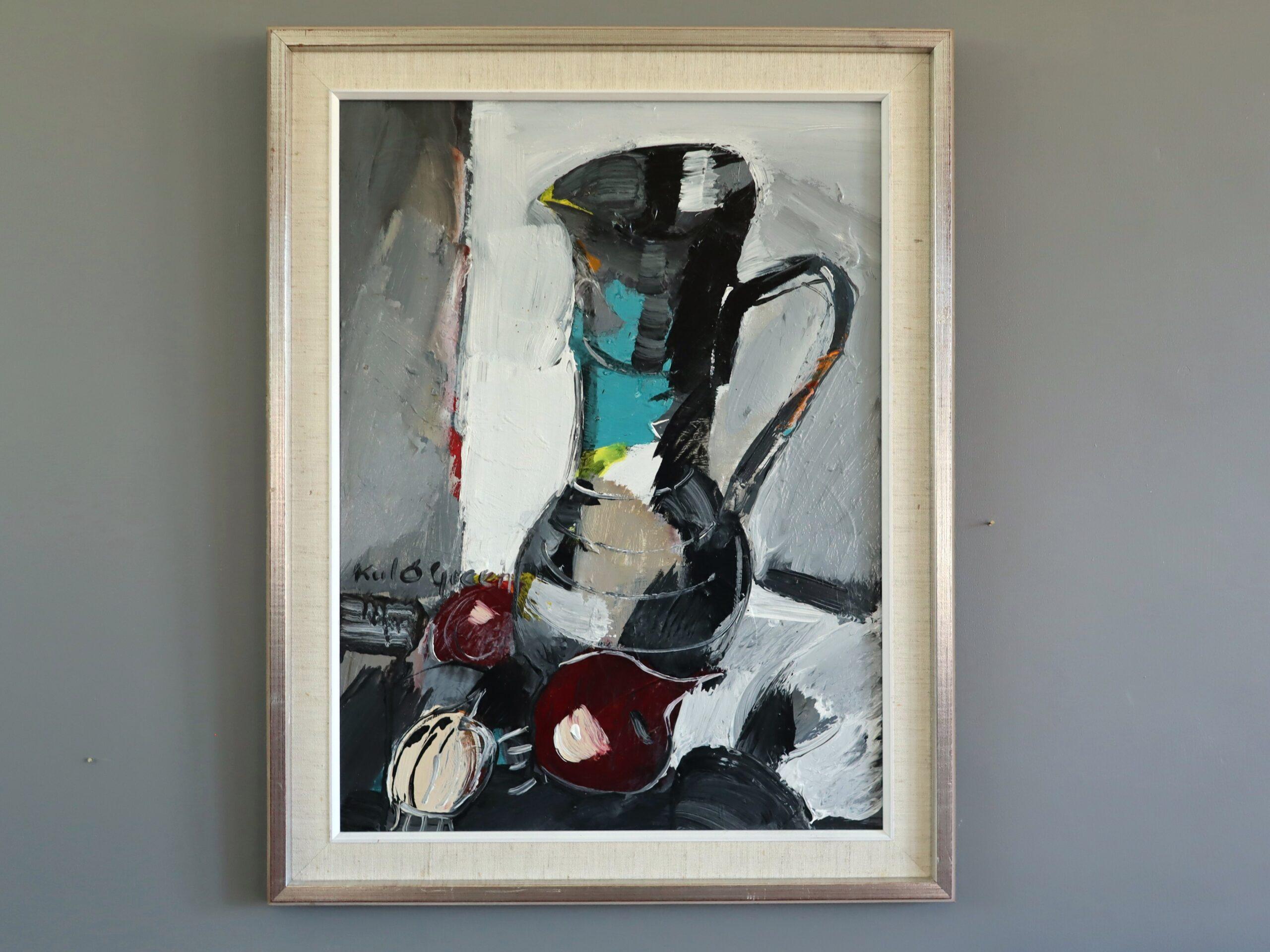 Mid Century Modern Swedish Still Life Oil Painting - Pitcher with Onions (Grau), Still-Life Painting, von Unknown