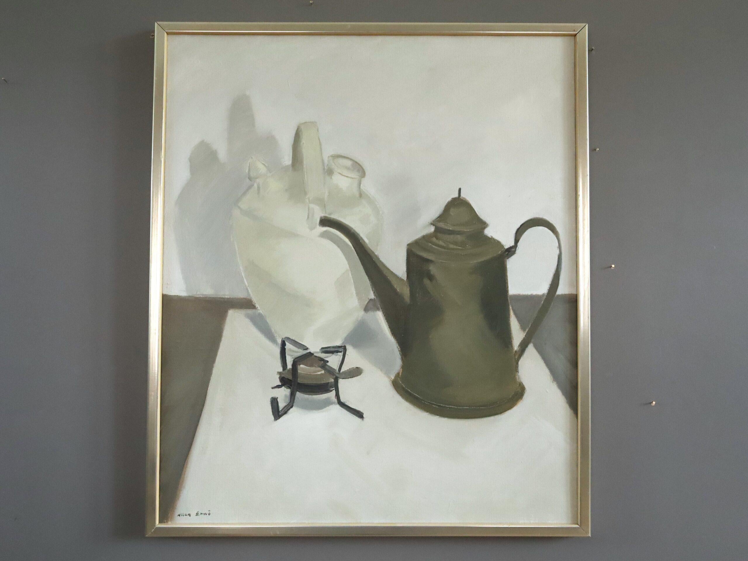 Mid Century Modernes Schwedisches Stillleben Ölgemälde - Stillleben mit Kessel – Painting von Unknown
