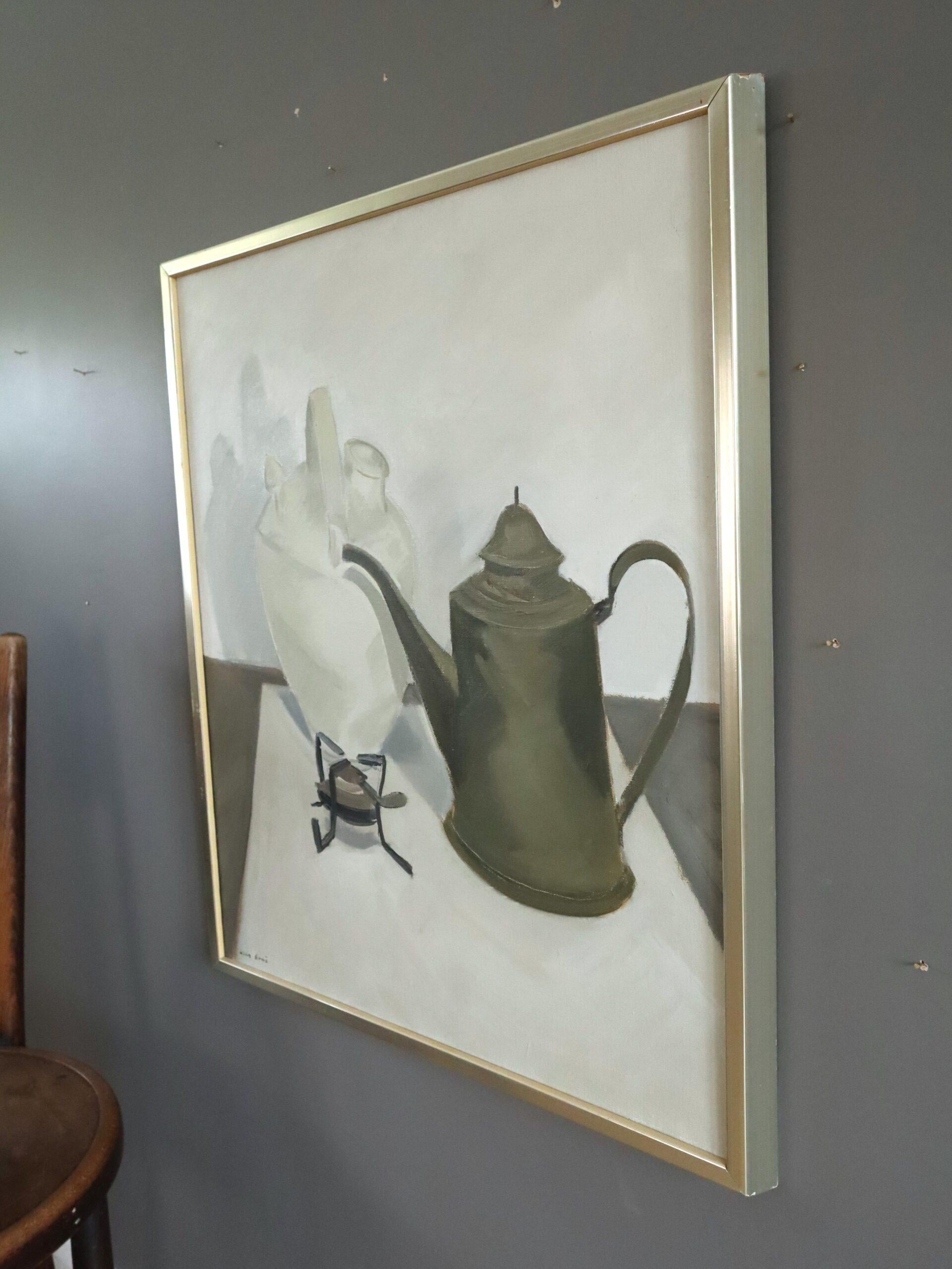 Mid Century Modernes Schwedisches Stillleben Ölgemälde - Stillleben mit Kessel im Angebot 1