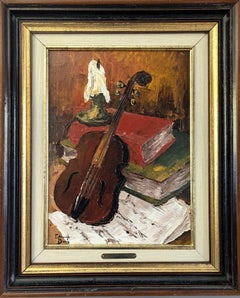 Mid-Century Modern Swedish Still Life Oil Painting - Violin by Candlelight