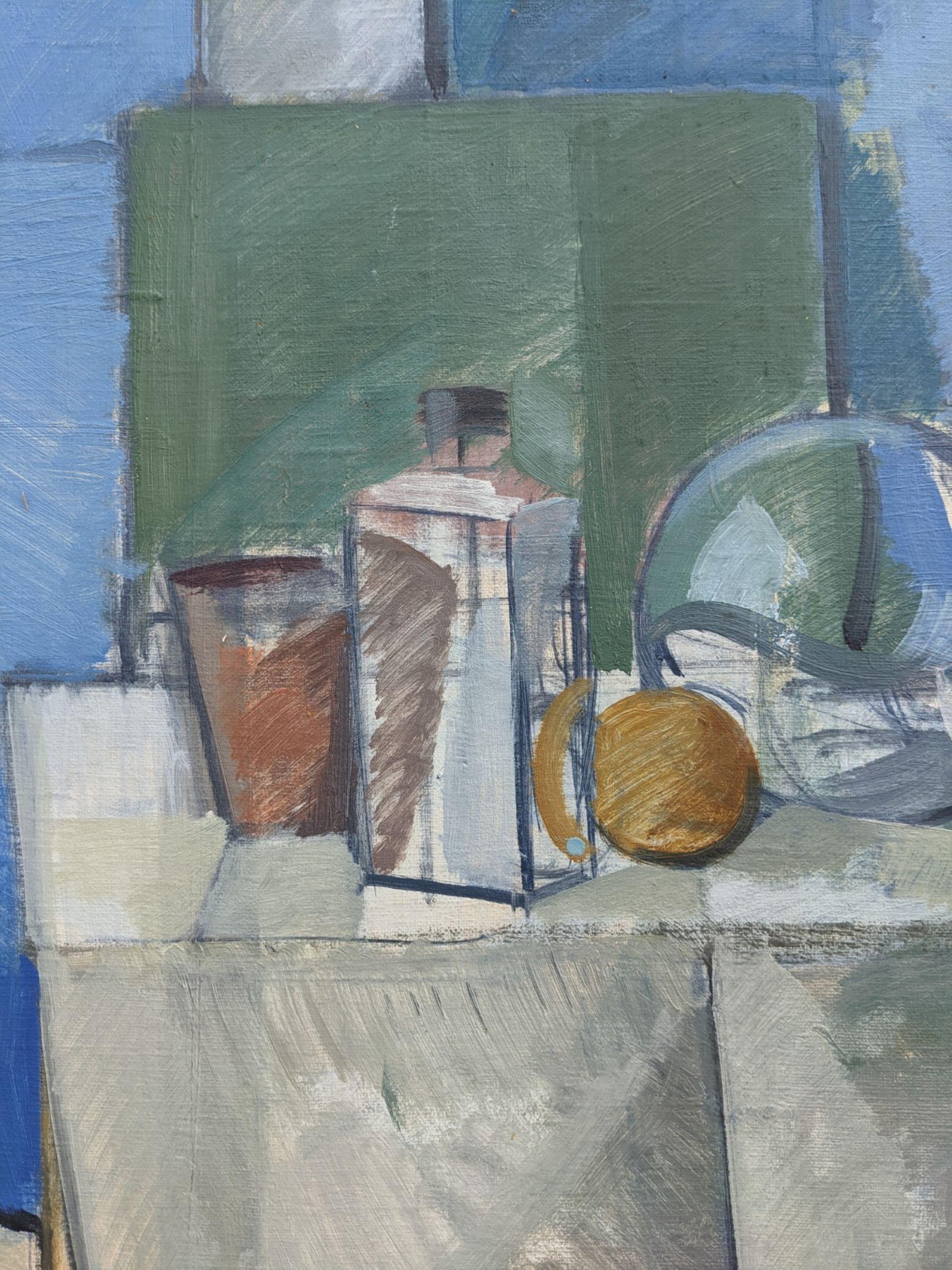Nature morte avec réfraction
Dimensions : 76 x 56 cm (cadre compris)
Huile sur toile

Une grande composition de nature morte brillamment exécutée à l'huile sur toile.

Cette composition de nature morte représente un intérieur où une table brune