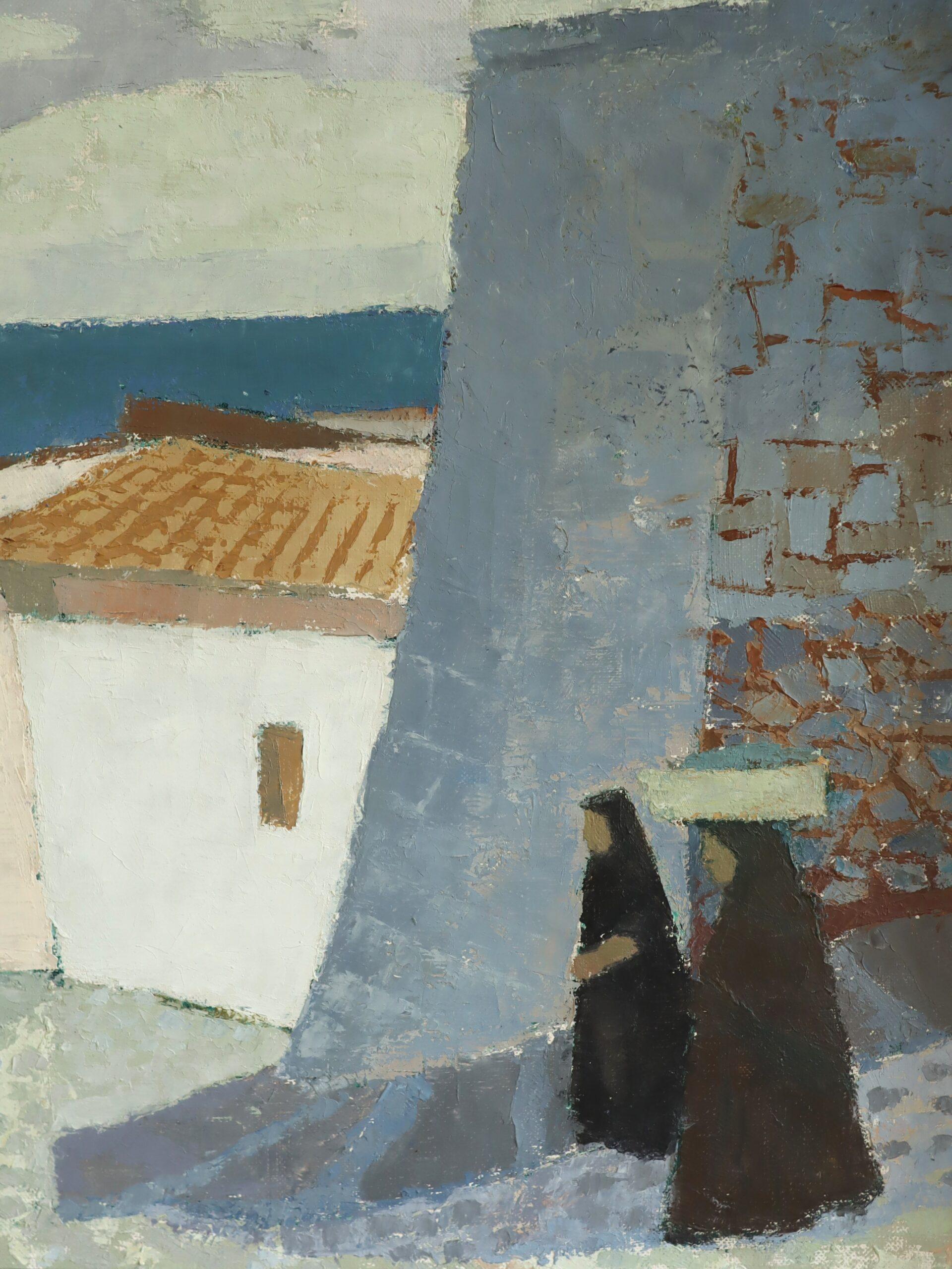Mid Century Modern Swedish Street Scene Landscape Oil Painting - Coastal Descent For Sale 7